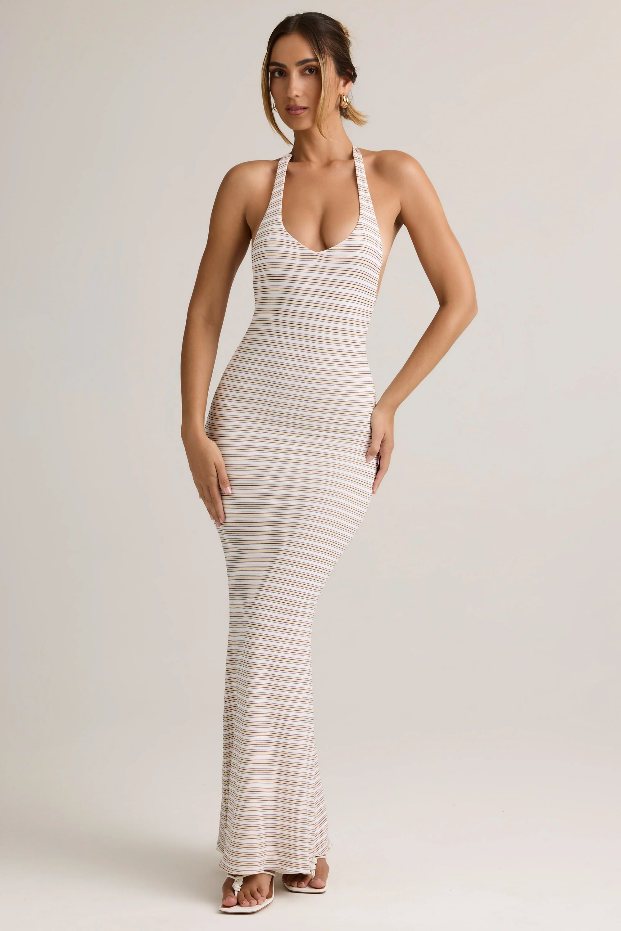 Modal Halterneck Maxi Dress in Pink Yellow Stripe - TREBLEV