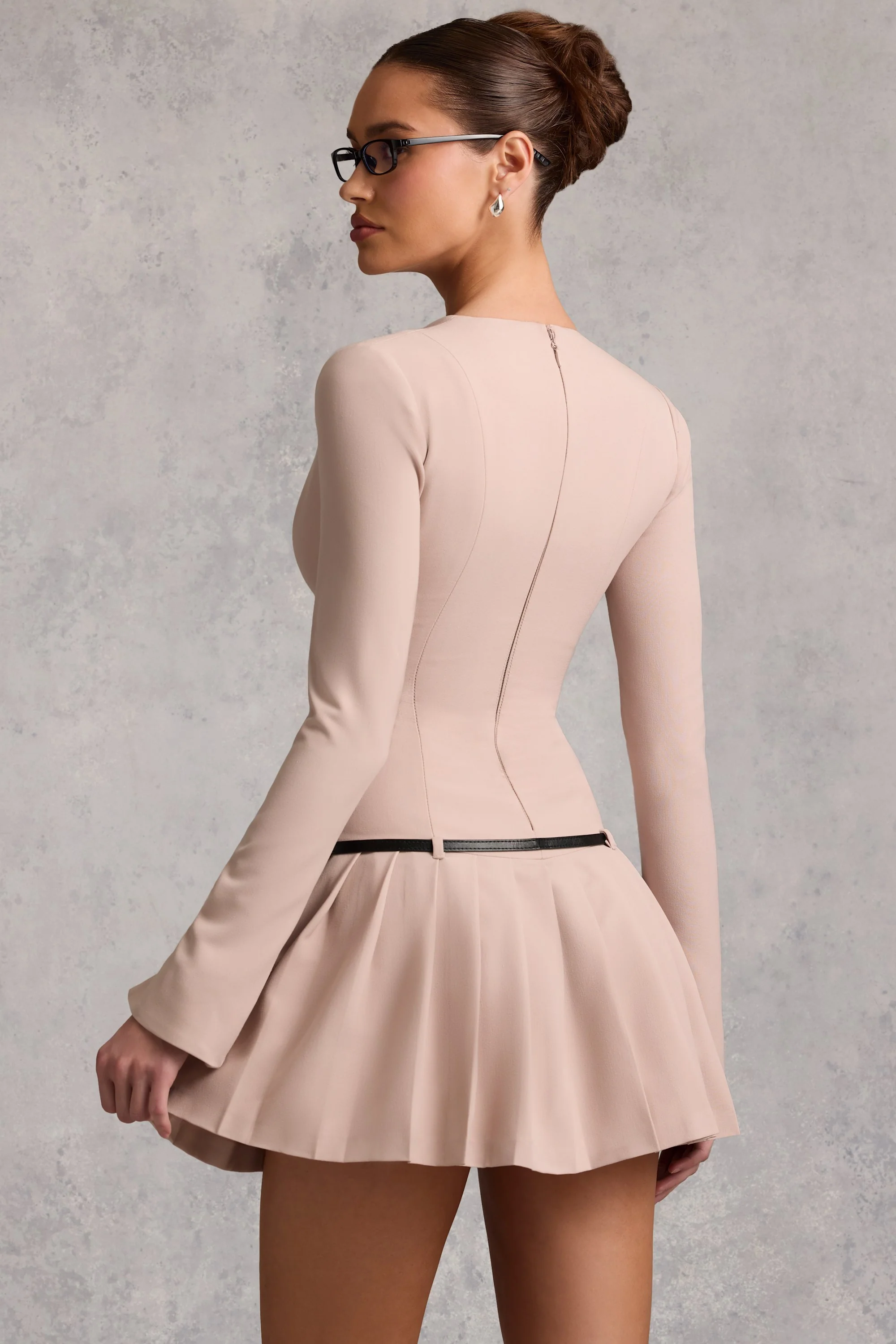 Long-Sleeve Pleated Mini Dress in Mushroom - TREBLEV