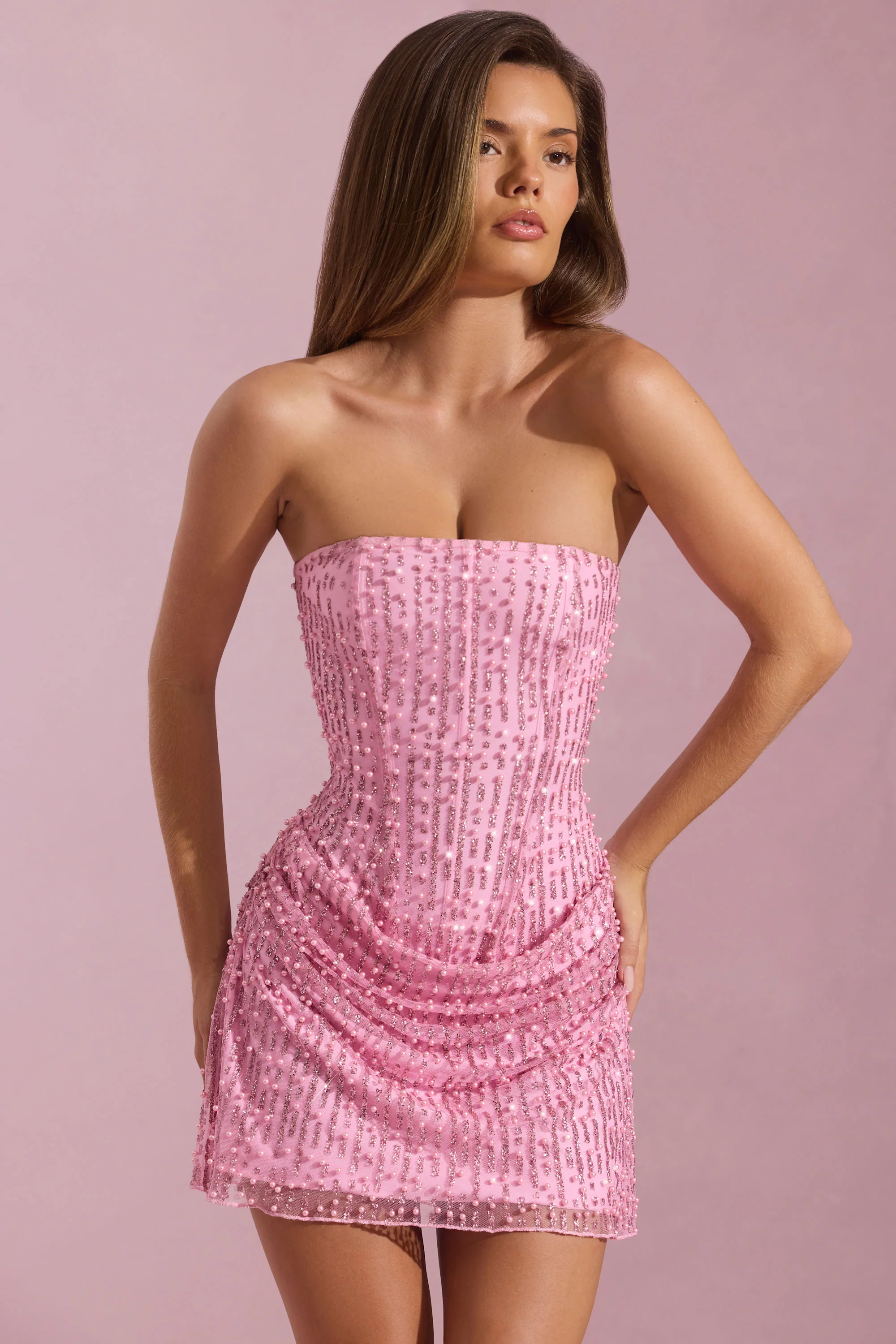 Embellished Draped Strapless A-Line Mini Dress in Pink - TREBLEV