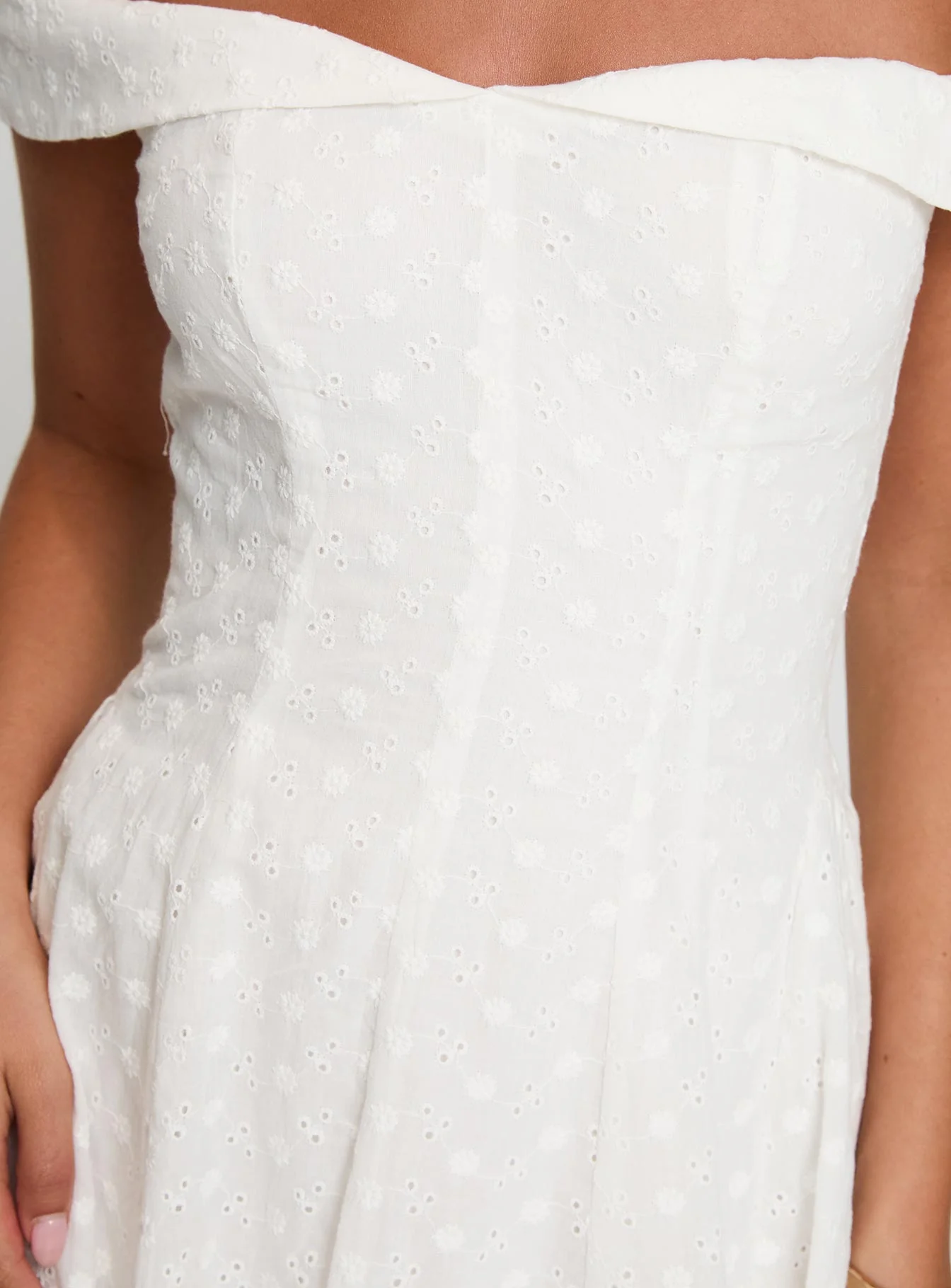 Rosebud Broderie Off The Shoulder Mini Dress White - TREBLEV