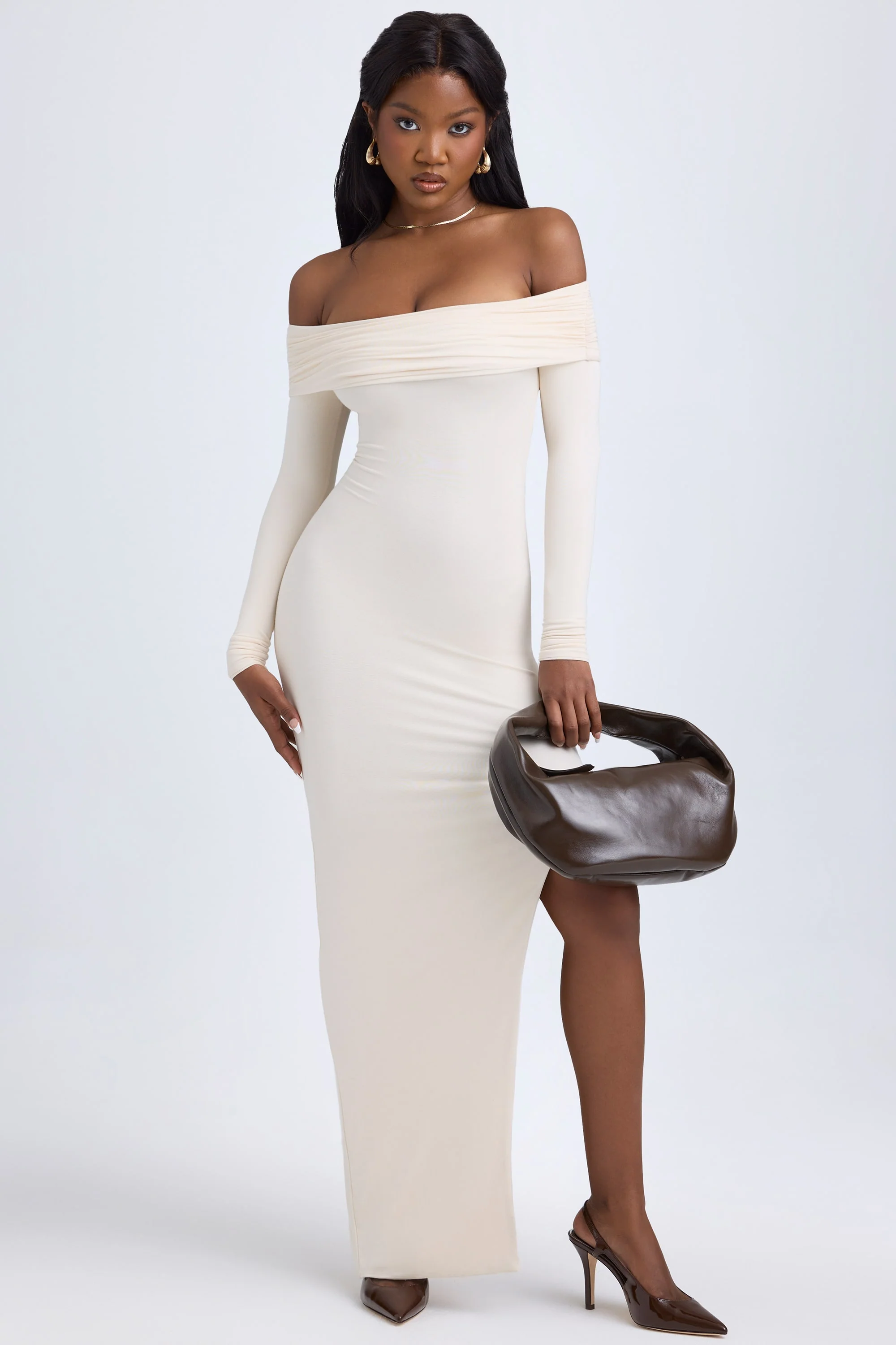 Modal Off-Shoulder Open-Back Maxi Dress in Ivory - TREBLEV
