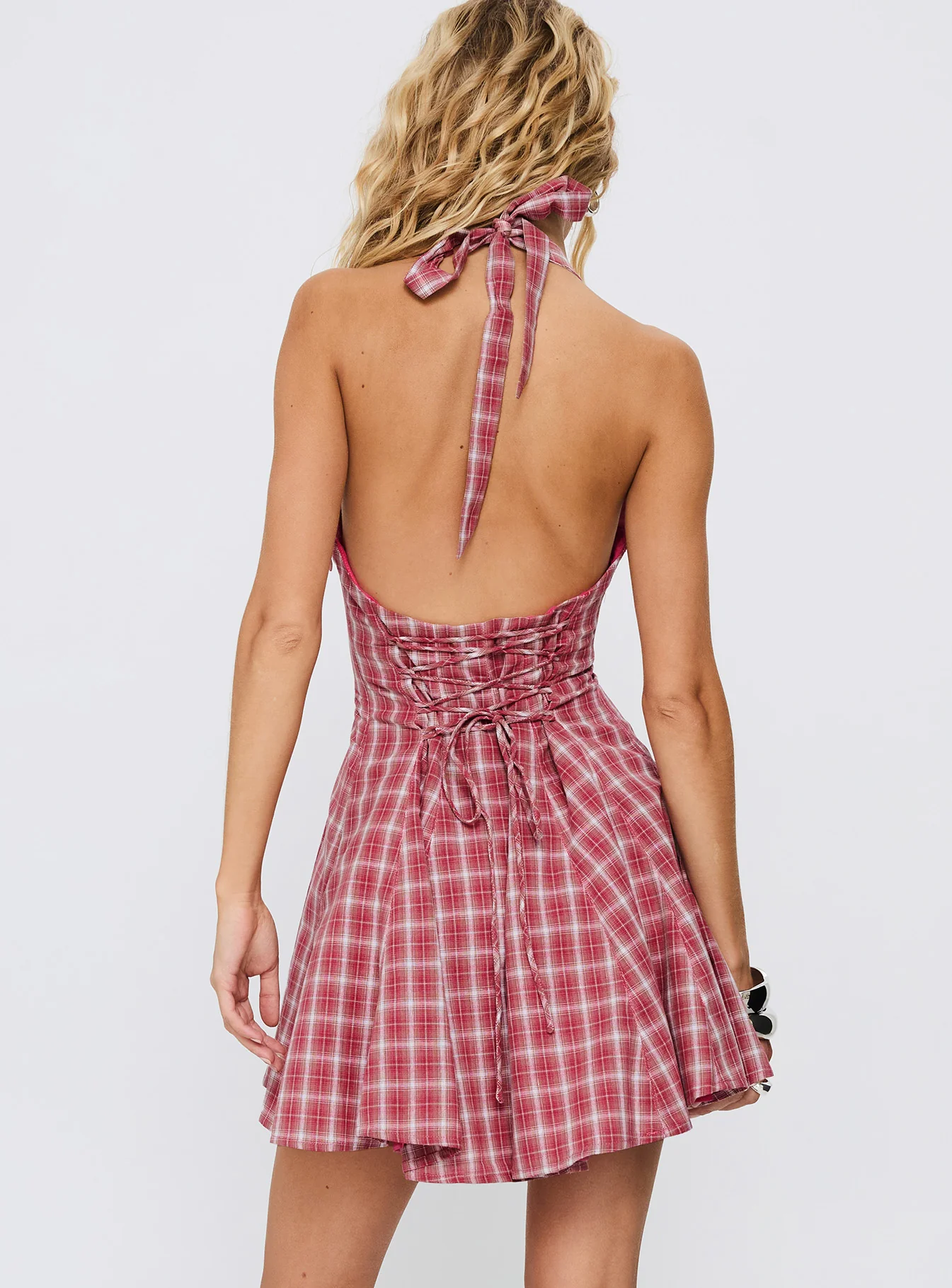 Out Of Nowhere Halter Mini Dress Red Check - TREBLEV