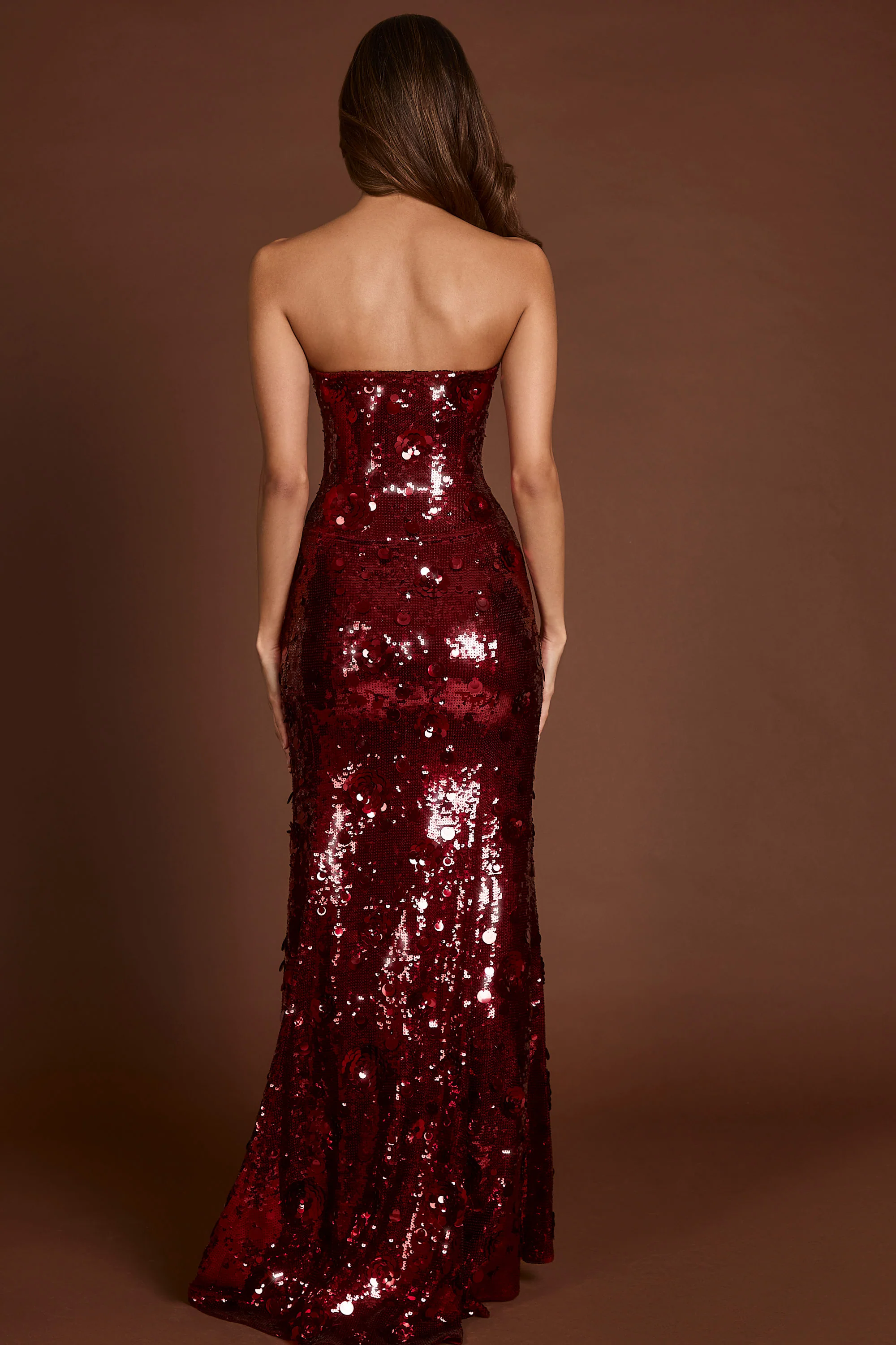 3D Embellished Bandeau Maxi Dress in Red - TREBLEV