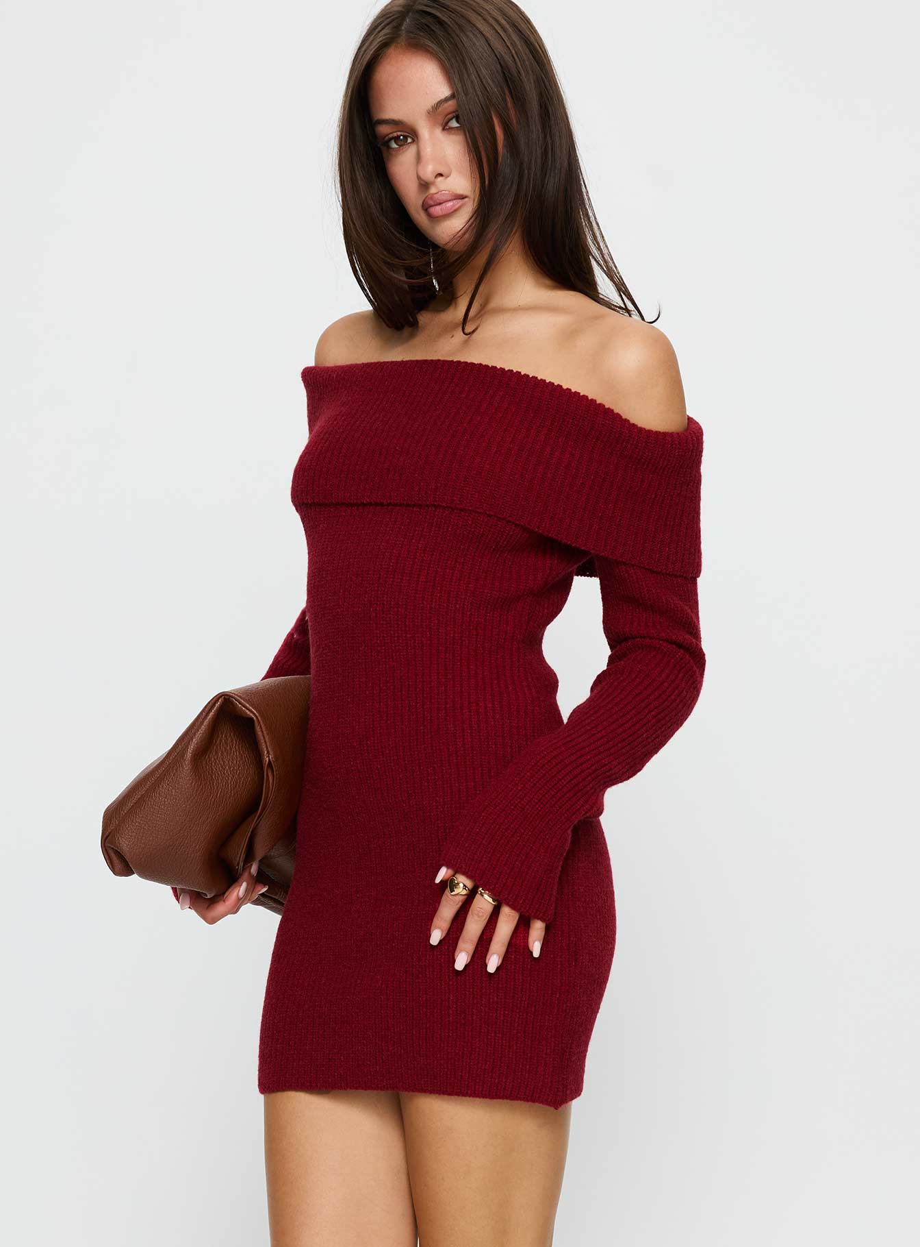Noriko Long Sleeve Knit Mini Dress Burgundy - TREBLEV