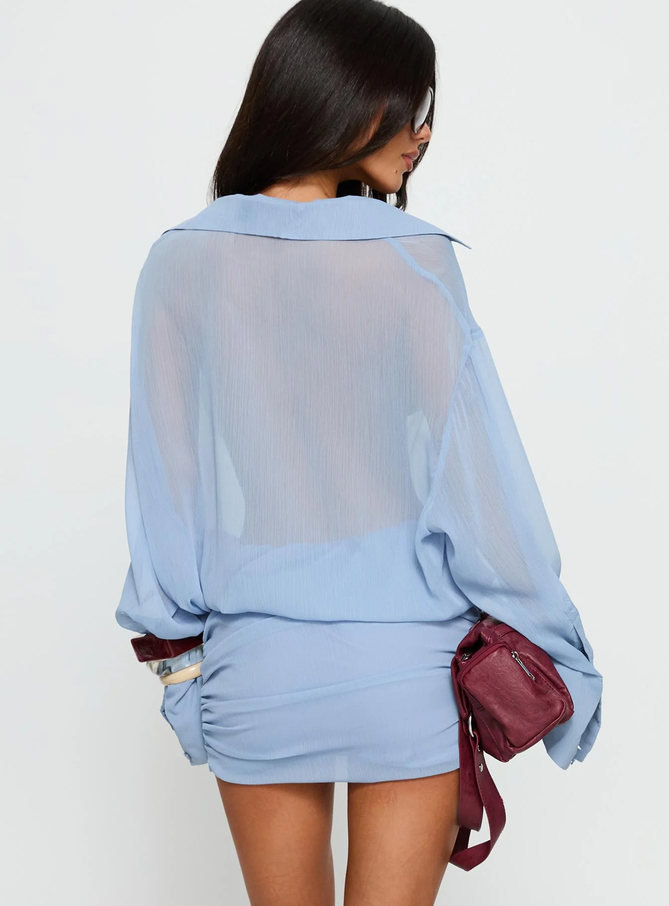 Moonrising Sheer Blouson Dress Blue - TREBLEV