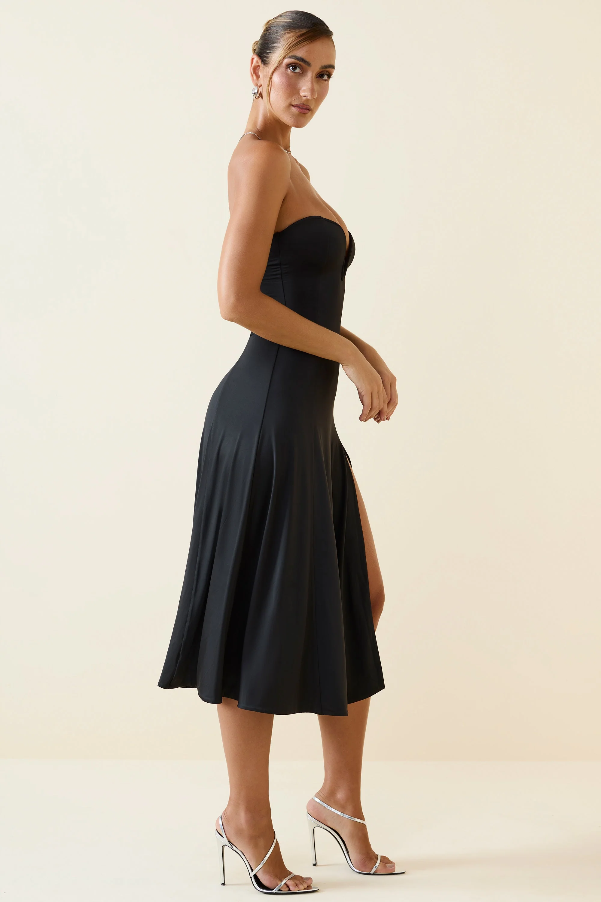 Slinky Jersey Strapless A-Line Midaxi Dress in Black - TREBLEV
