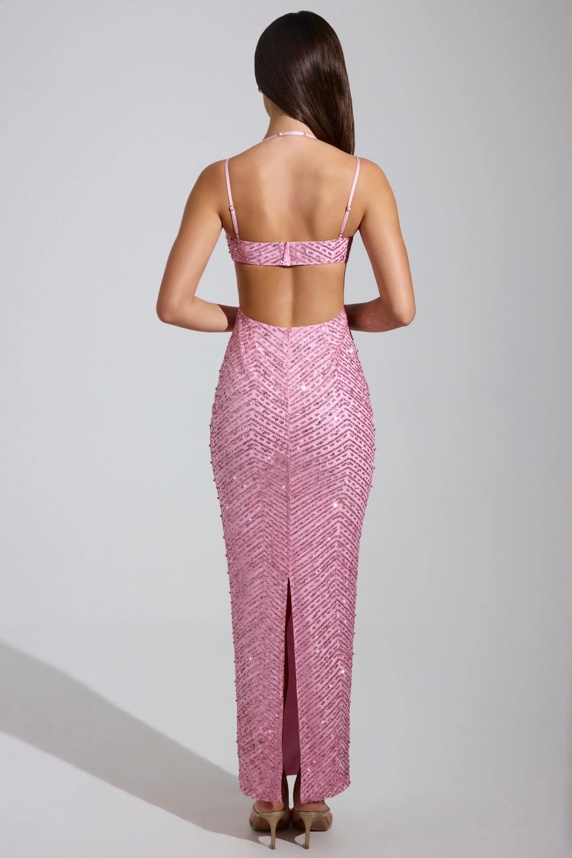 Embellished Cowl-Neck Maxi Dress in Pink - TREBLEV