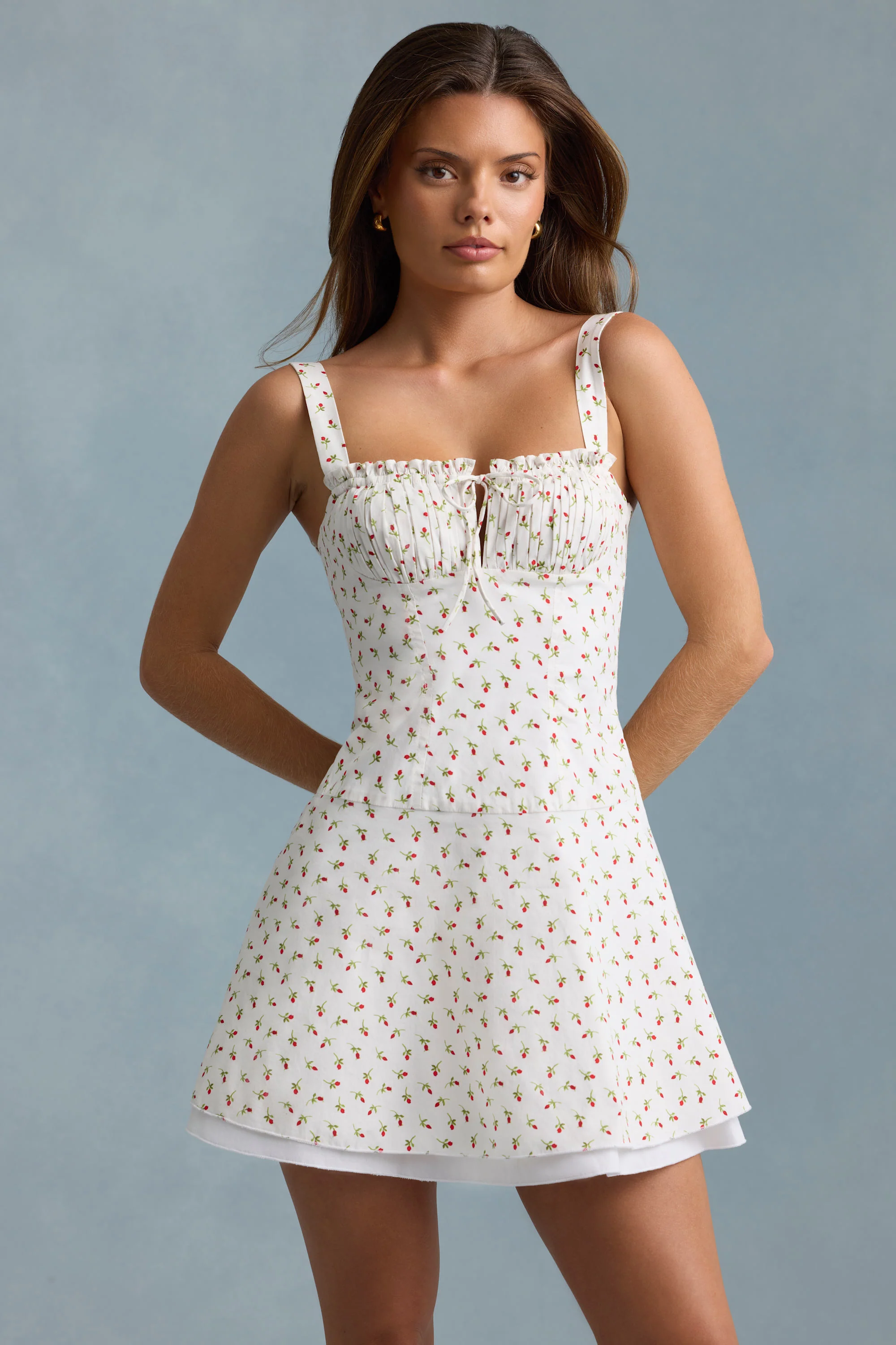 Lace-Up Cotton-Poplin Mini Dress in Rose Print - TREBLEV