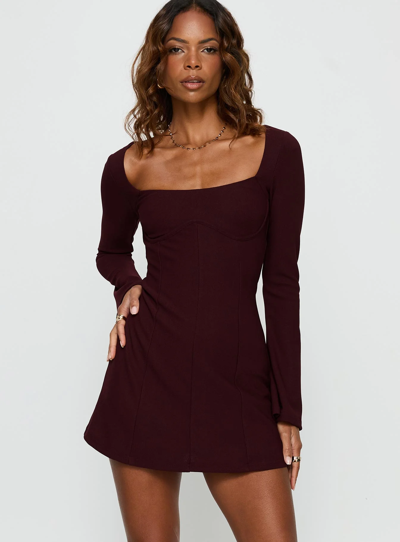 Encounters Long Sleeve Mini Dress Wine - TREBLEV