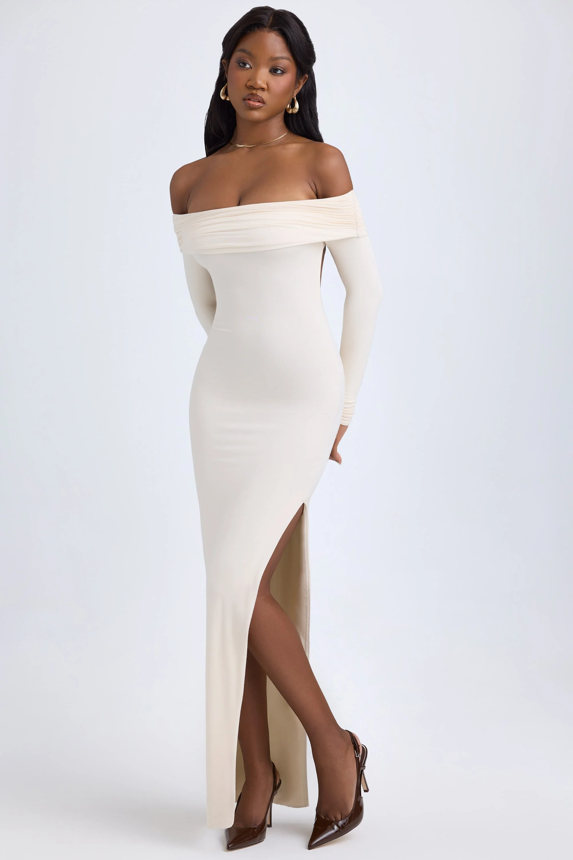 Modal Off-Shoulder Open-Back Maxi Dress in Ivory - TREBLEV