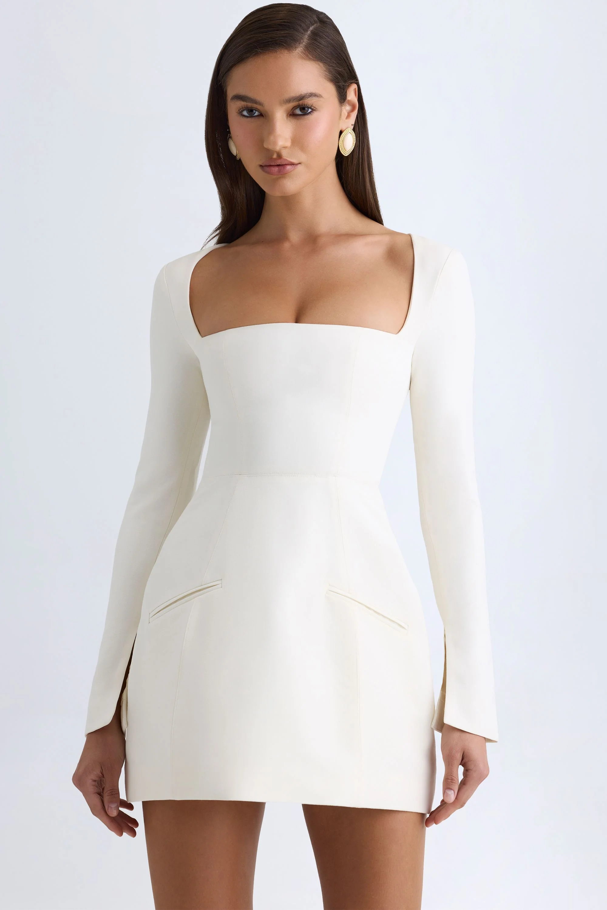Square-Neck Structured Tulip Mini Dress in Vanilla - TREBLEV