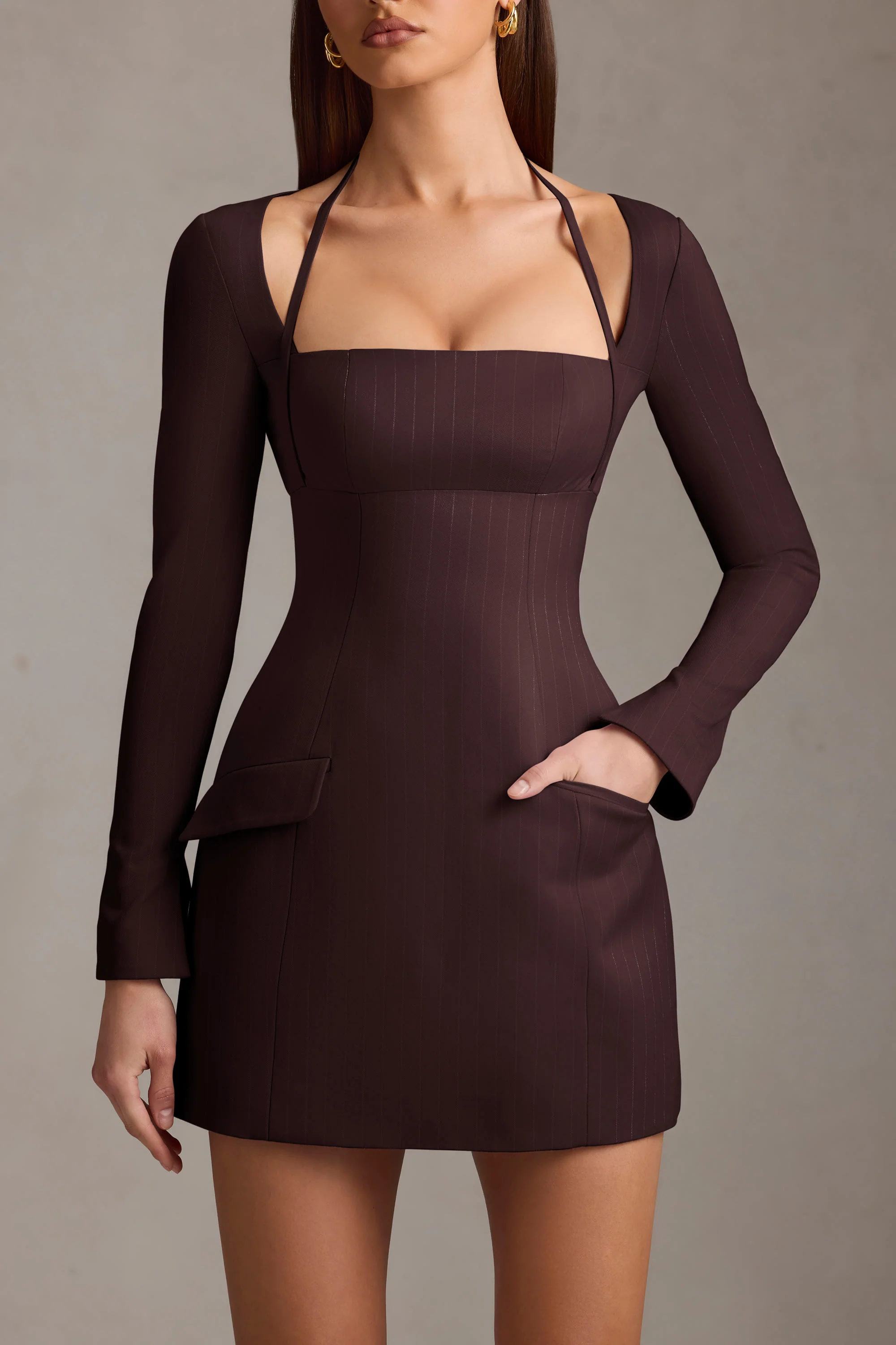 Pinstripe Structured A-Line Mini Dress in Chocolate Brown - TREBLEV