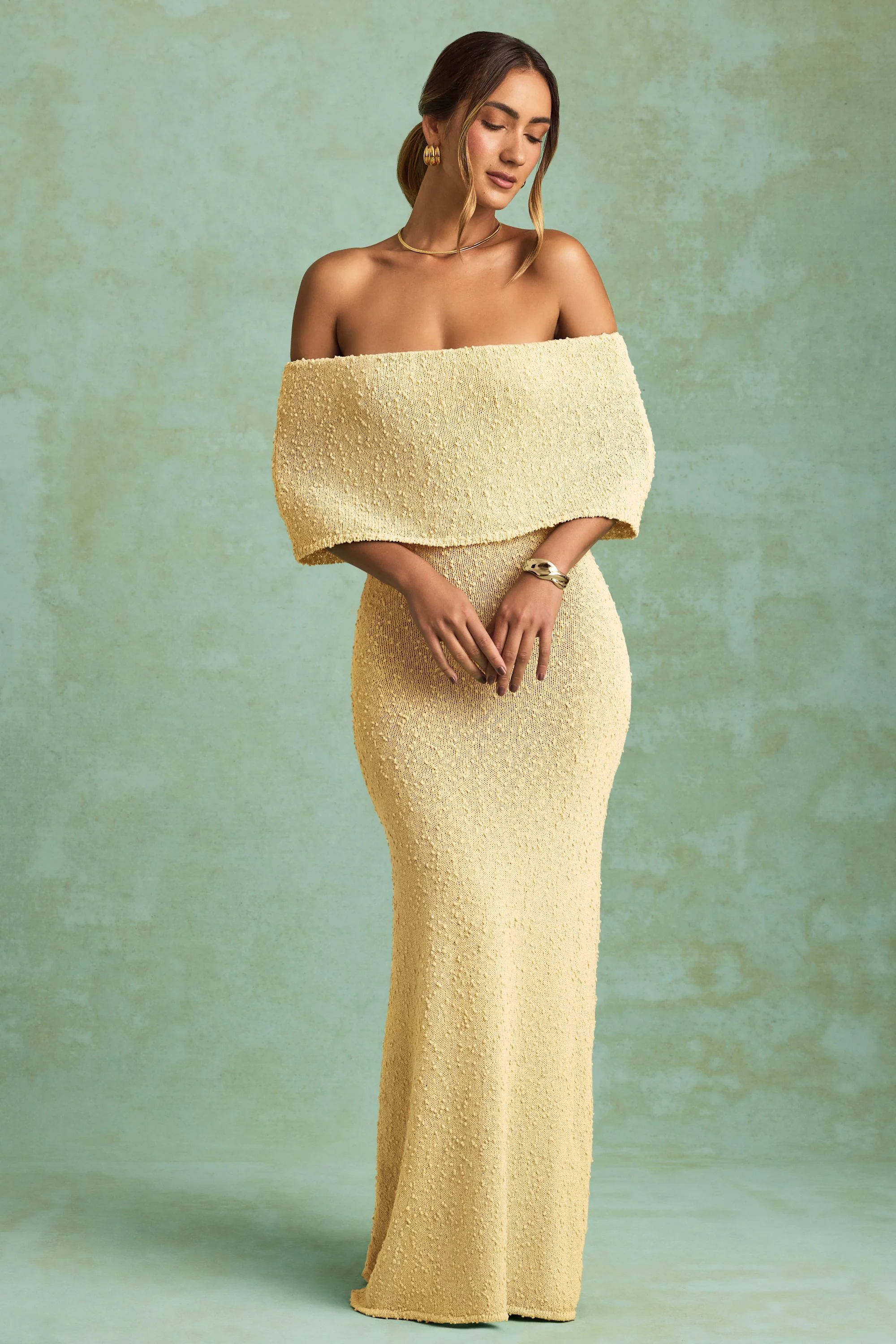Bouclé Off-Shoulder Maxi Dress in Yellow - TREBLEV