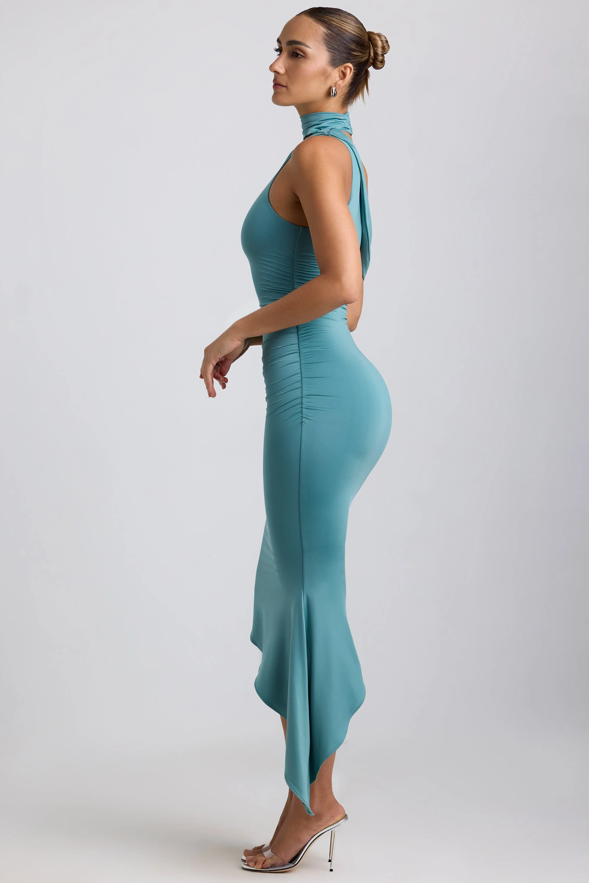 Slinky Jersey Asymmetric Cowl-Neck Midaxi Dress in Sea Green - TREBLEV