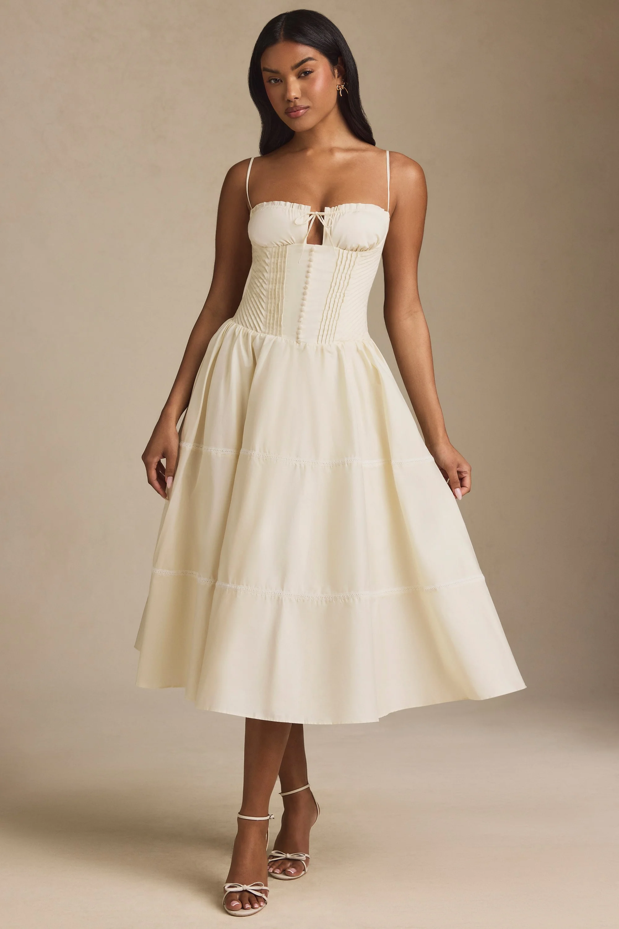Lace-Trim Pintucked Poplin Midaxi Dress in Ivory - TREBLEV