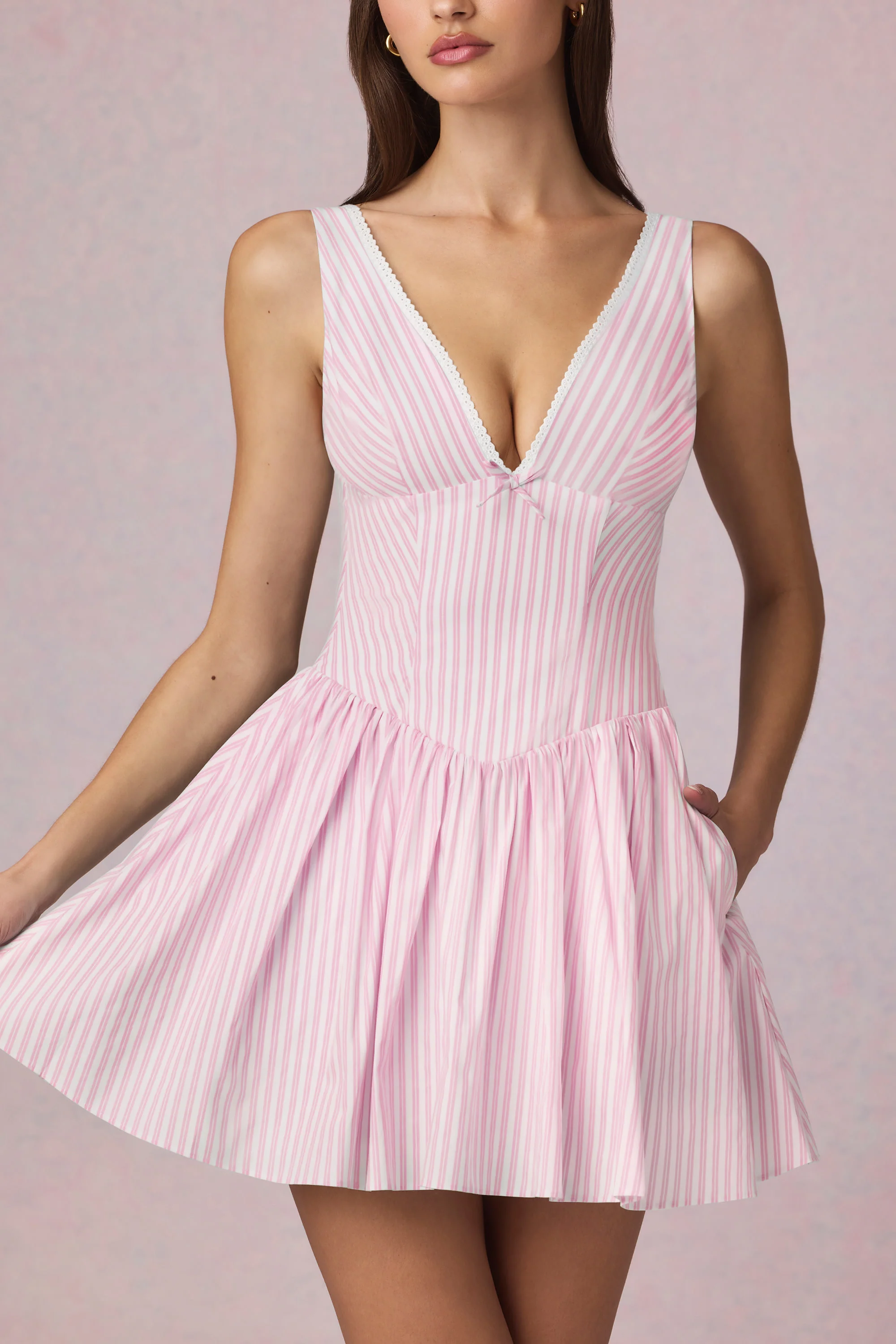 Bow-Detail A-Line Mini Dress in Soft Mauve Stripe - TREBLEV