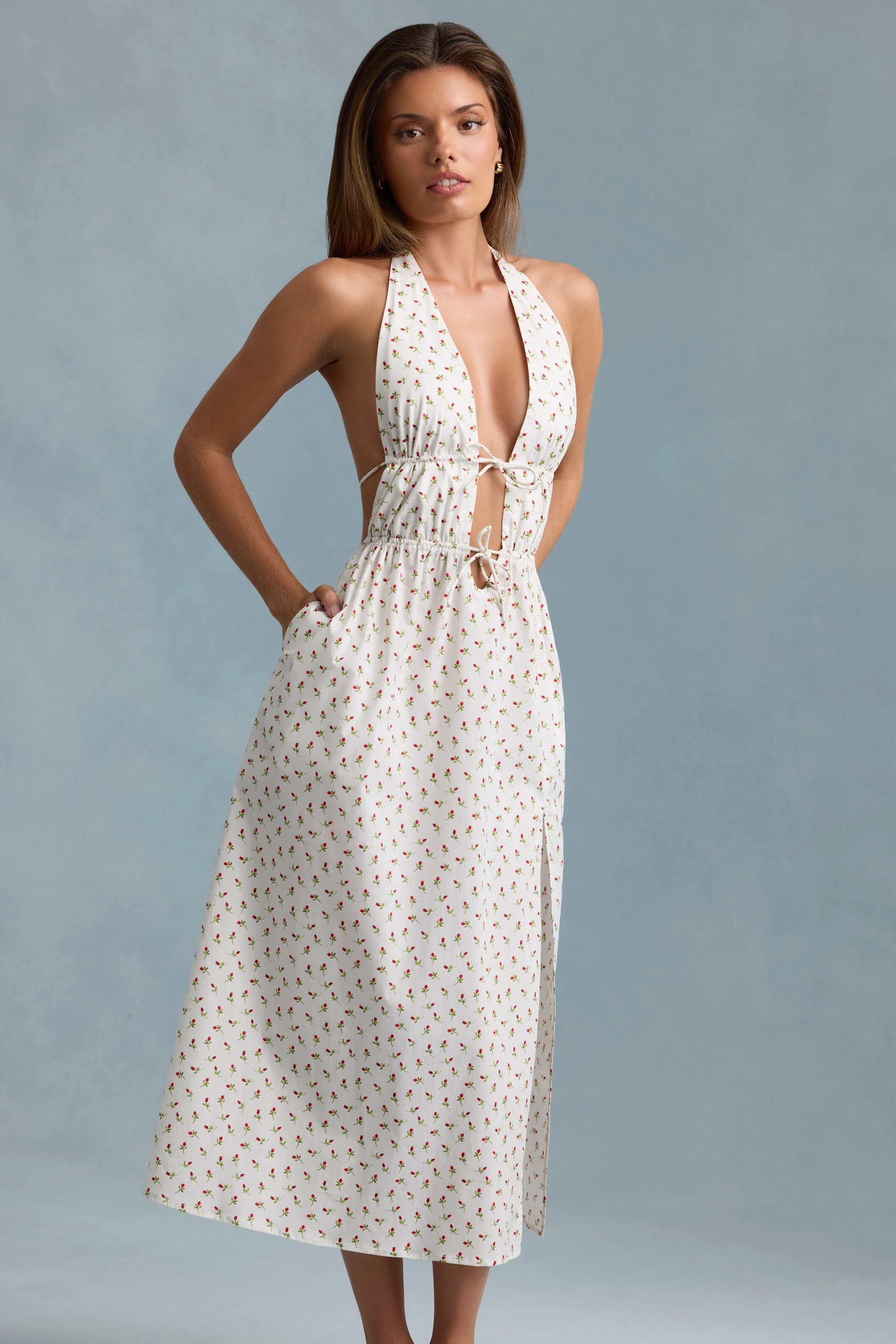 Backless Cotton-Poplin Midaxi Dress in Rose Print - TREBLEV