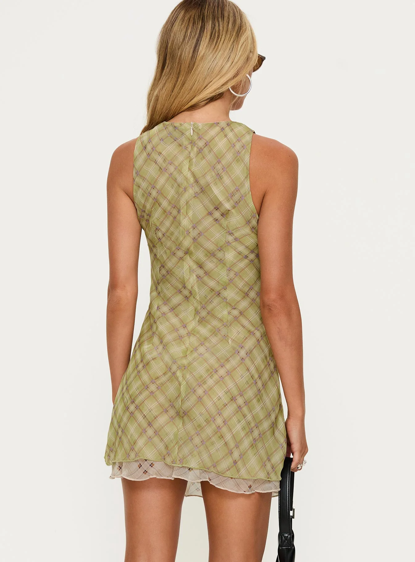 Buffie Shoulder Mini Dress Green Check - TREBLEV