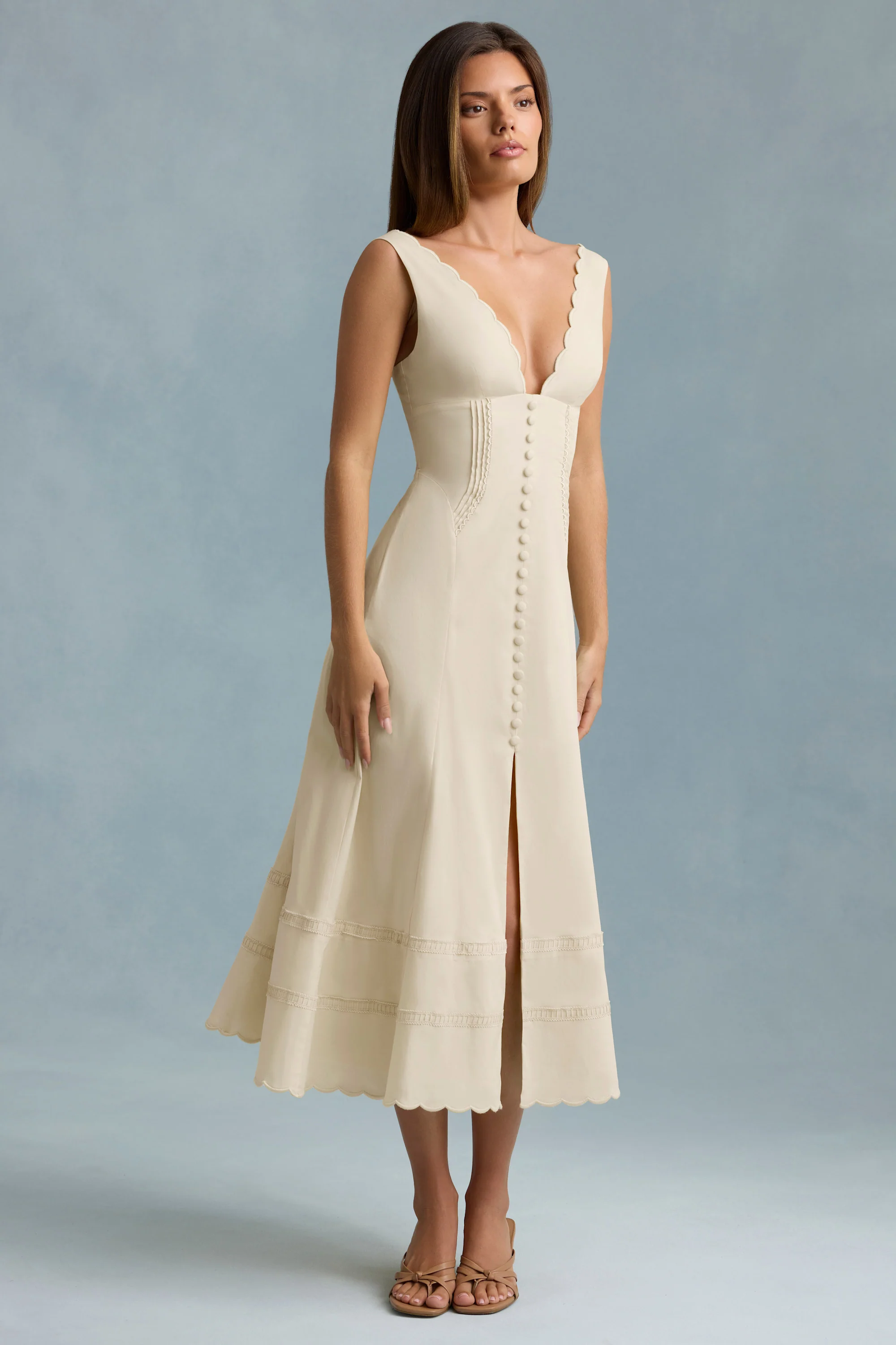 Cotton-Poplin A-Line Midaxi Dress in Ivory - TREBLEV