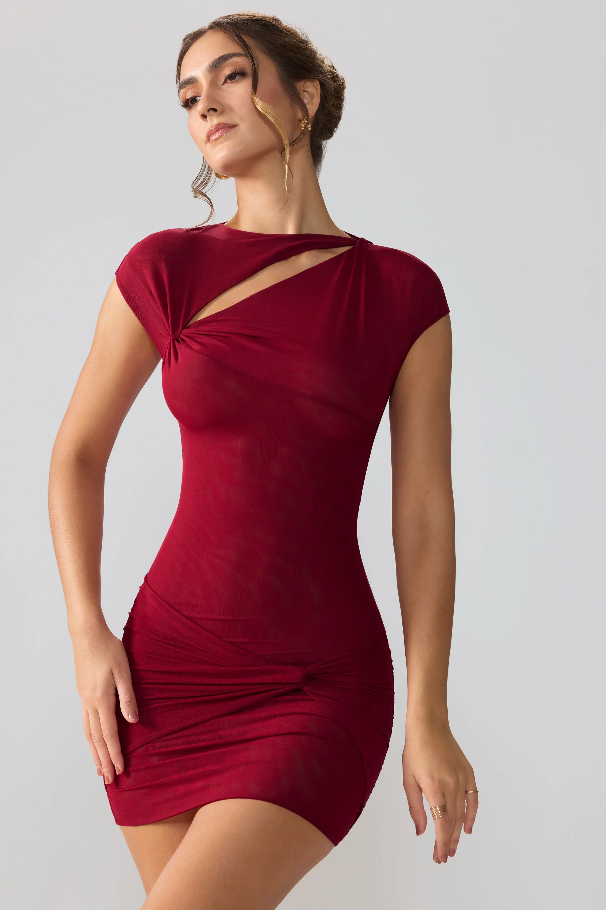 Mesh Cap Sleeve Cut Out Mini Dress in Ruby - TREBLEV