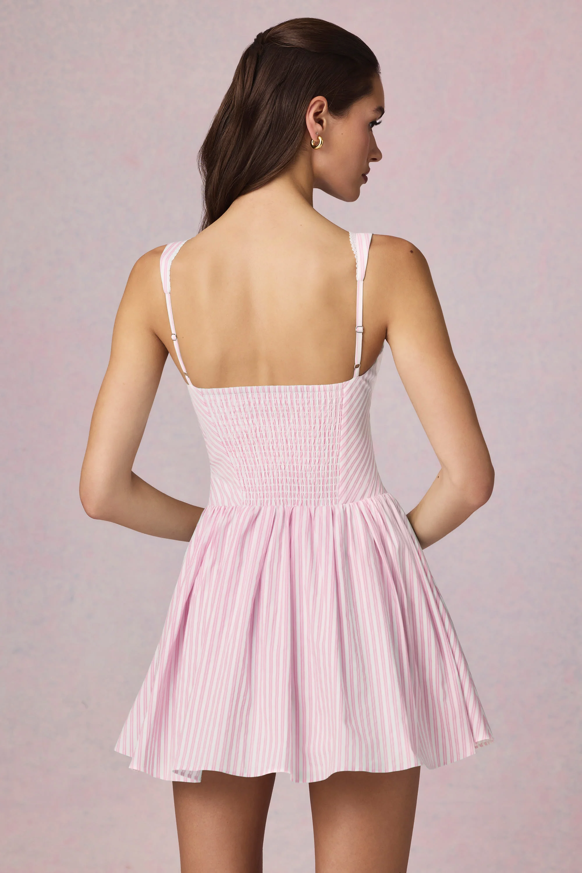 Bow-Detail A-Line Mini Dress in Soft Mauve Stripe - TREBLEV