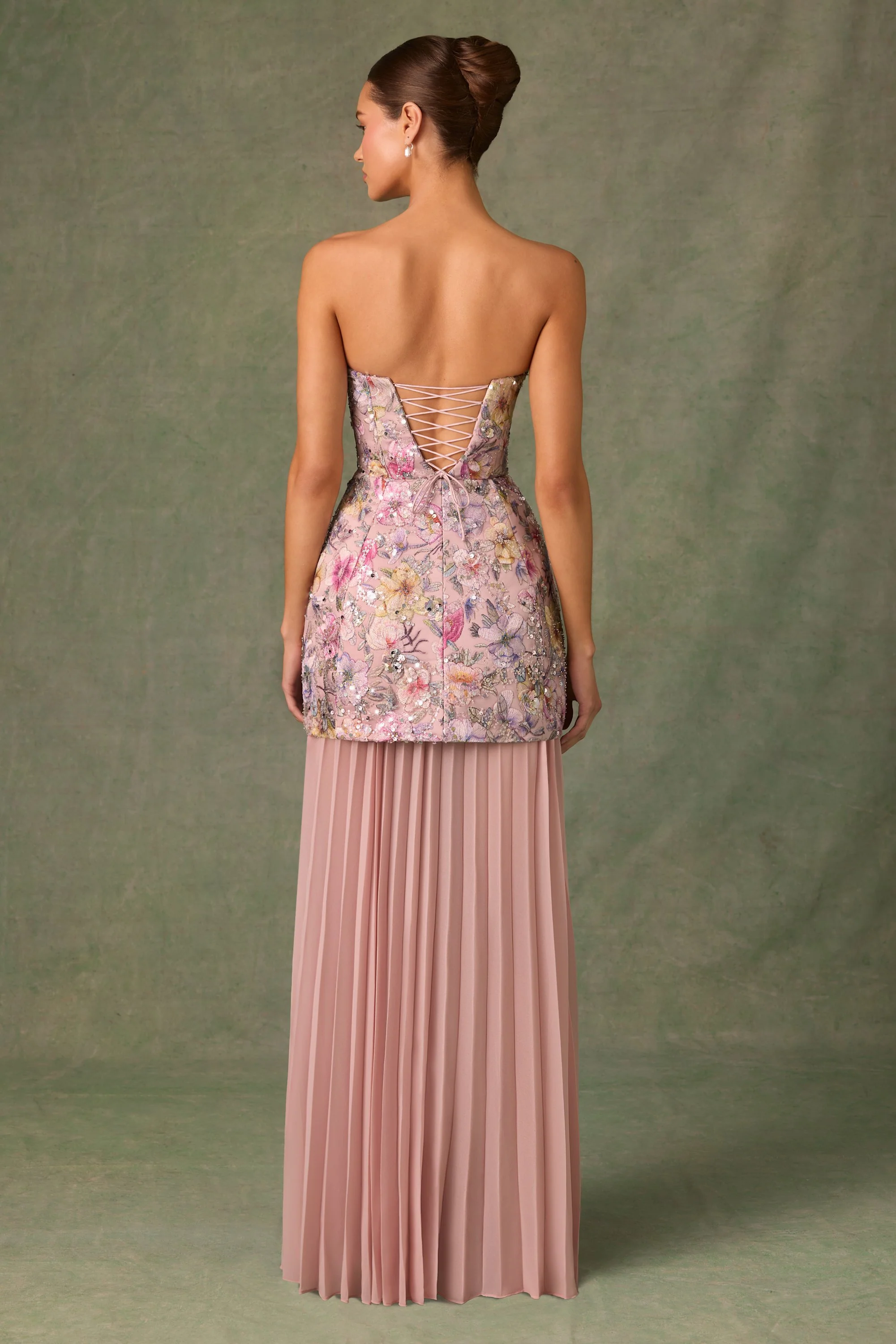 Embellished Convertible Lace-Up Gown in Floral Pink - TREBLEV
