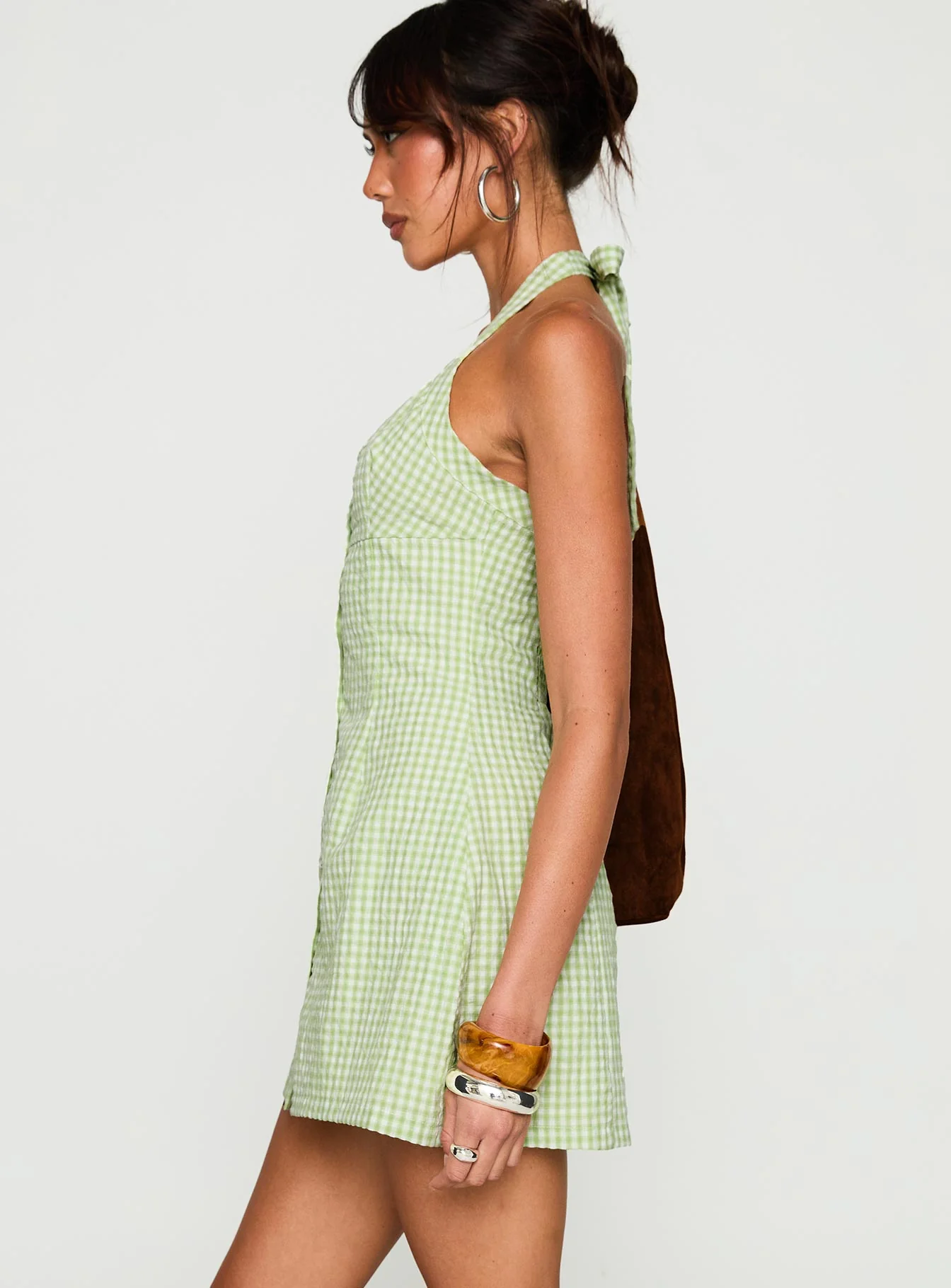 Mallorie Halter Mini Dress Green Check - TREBLEV