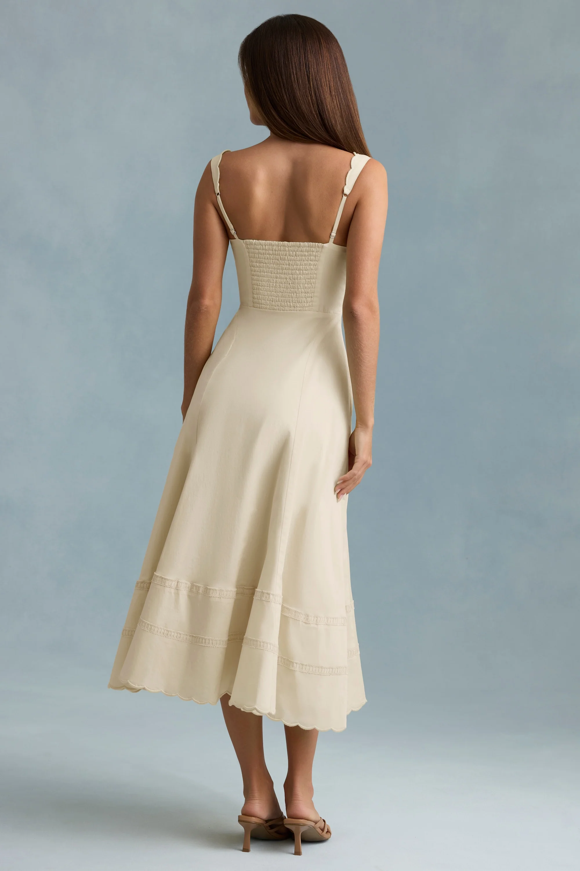 Cotton-Poplin A-Line Midaxi Dress in Ivory - TREBLEV