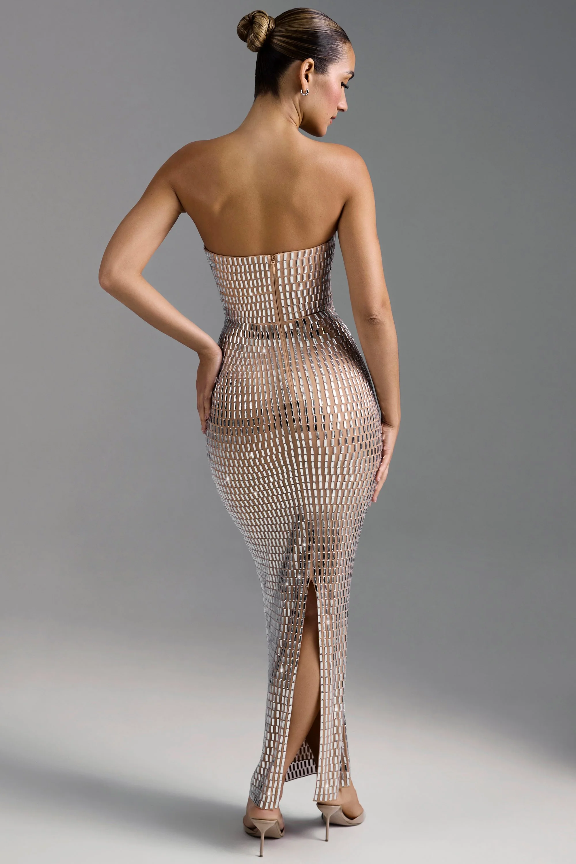 Embellished Bandeau Maxi Dress in Almond - TREBLEV