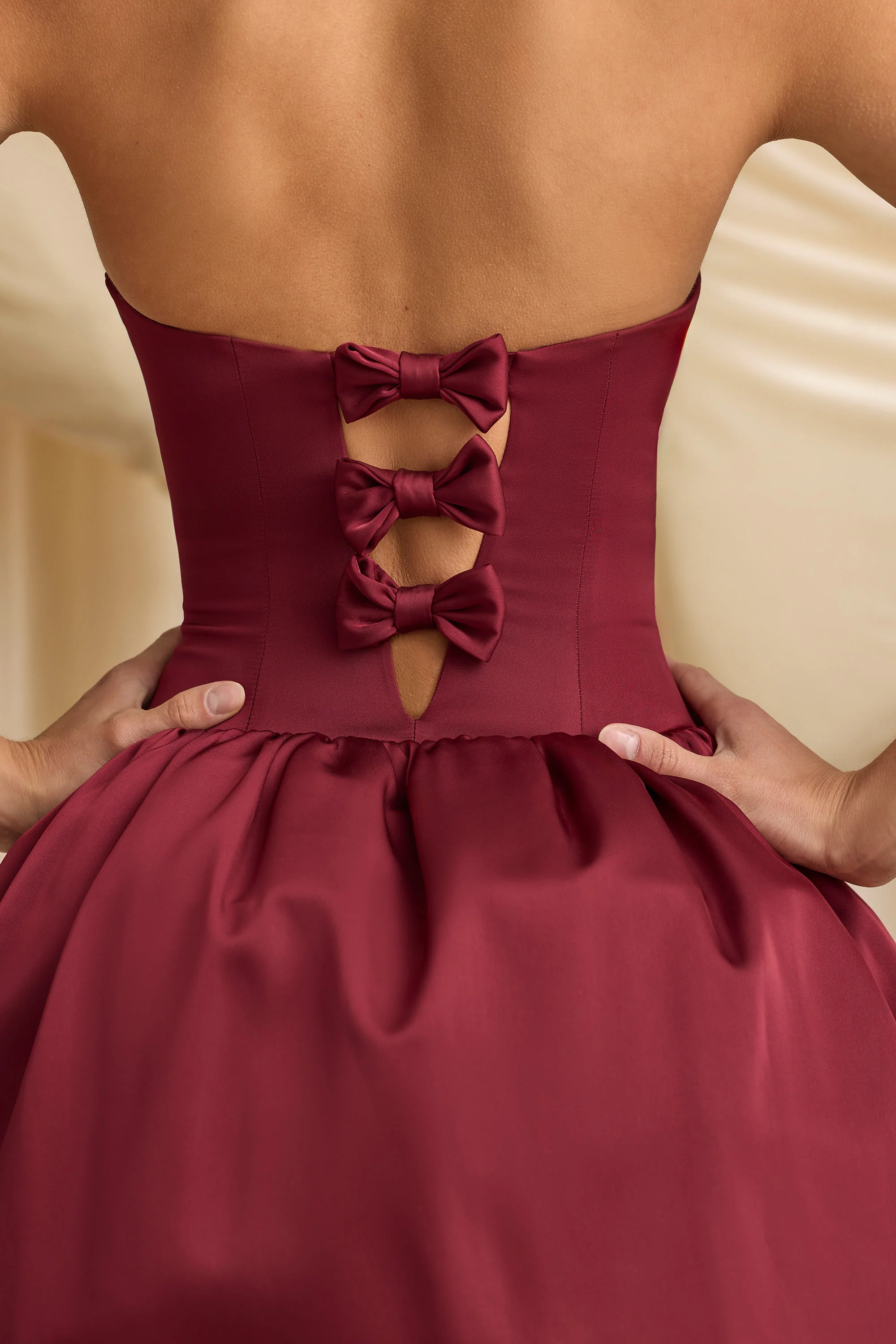 Convertible Bow-Detail Bubble Hem Midaxi Dress in Wine Red - TREBLEV