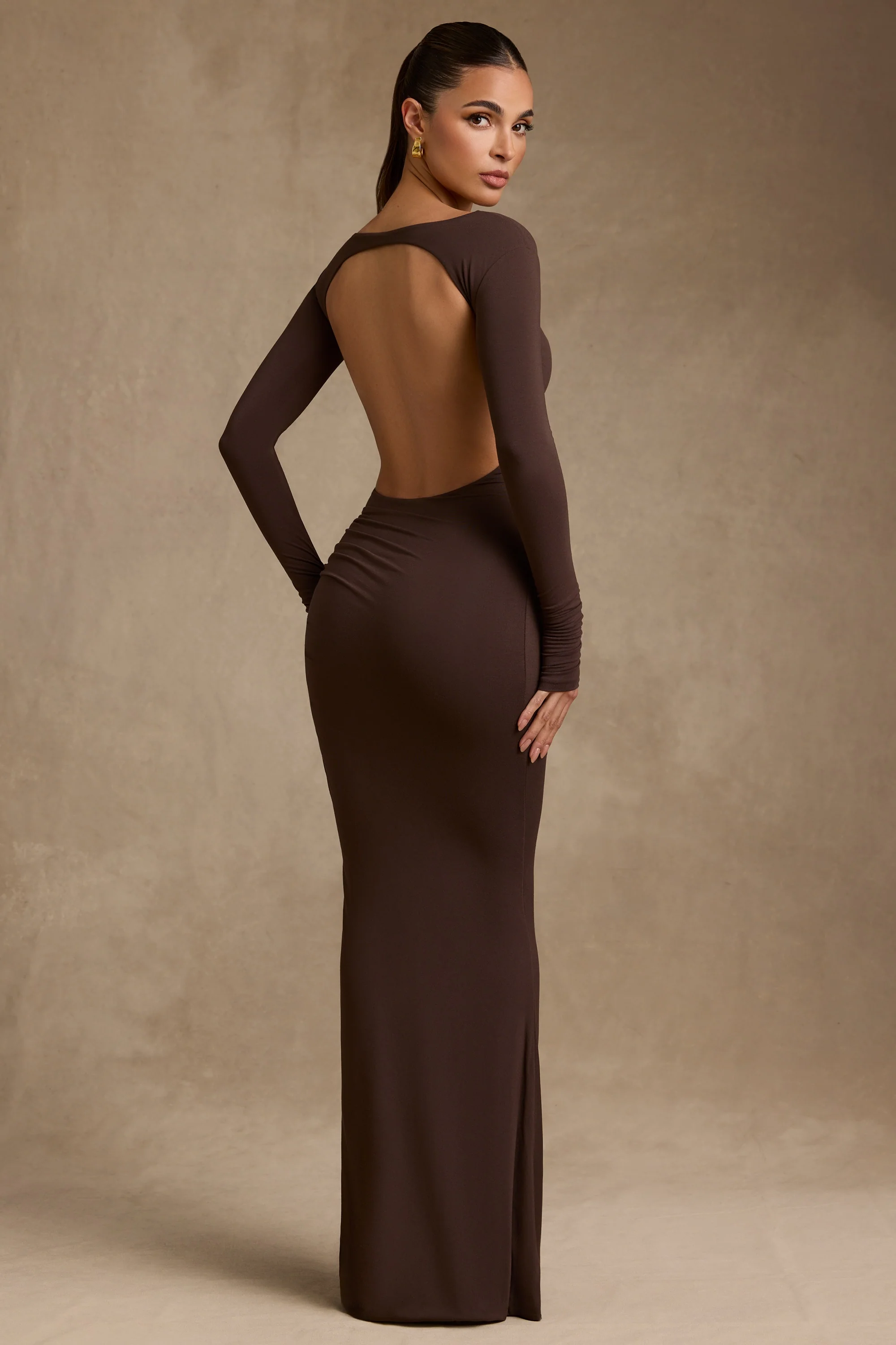 Modal Ruched Backless Maxi Dress in Chocolate Brown - TREBLEV