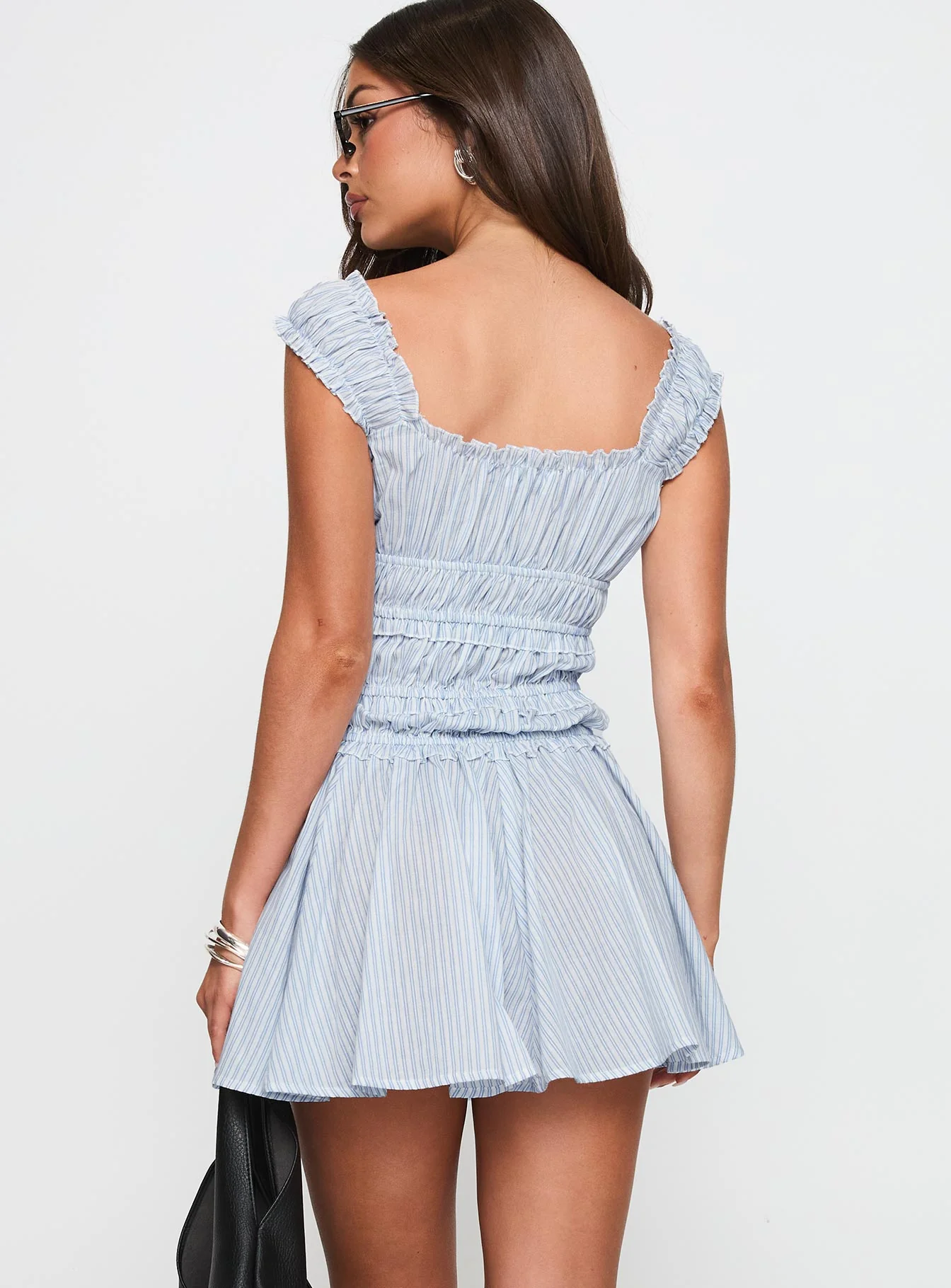 Wonderlust Shirred Mini Dress Blue Stripe - TREBLEV