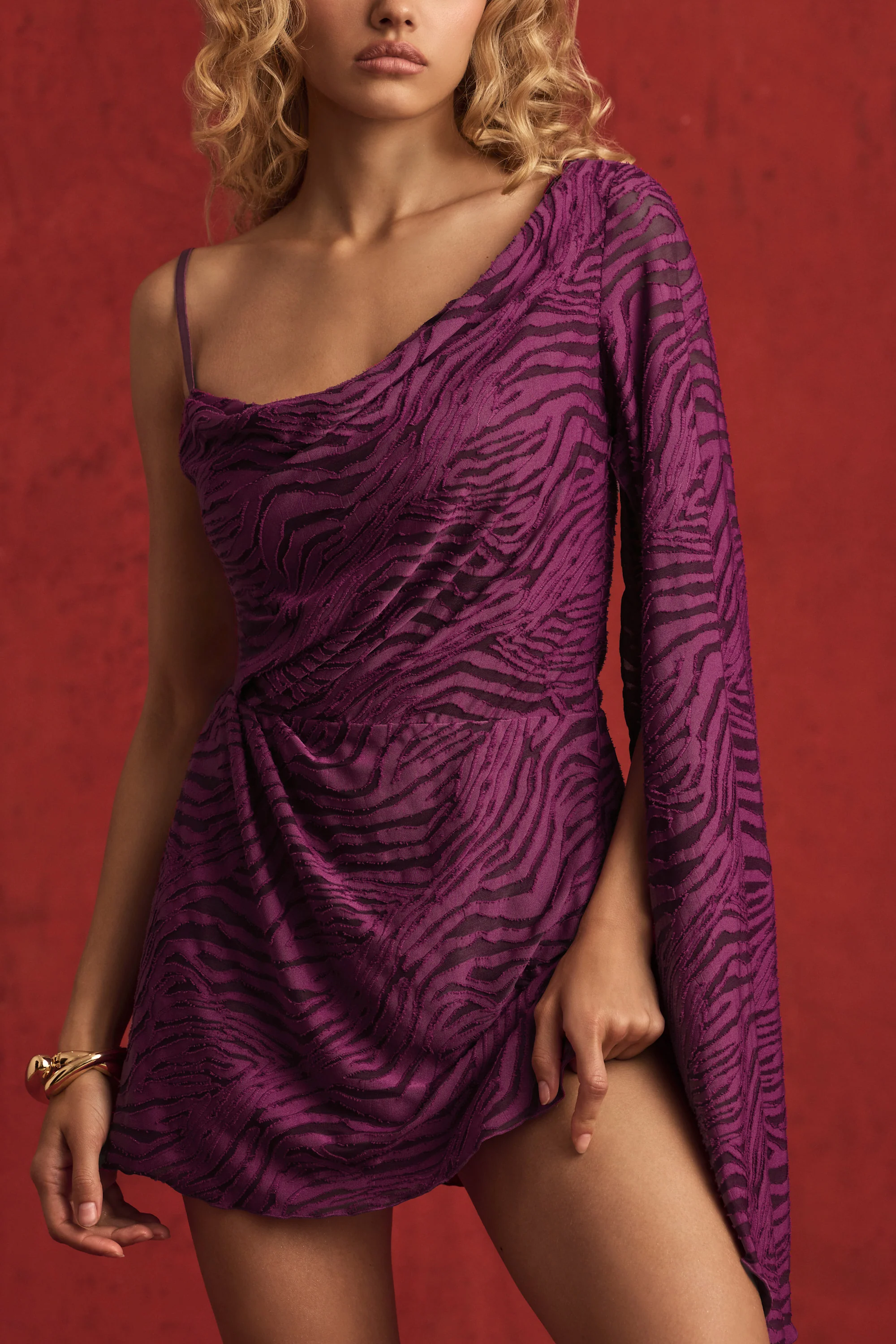 Devoré One-Sleeve A-Line Mini Dress in Berry Purple - TREBLEV