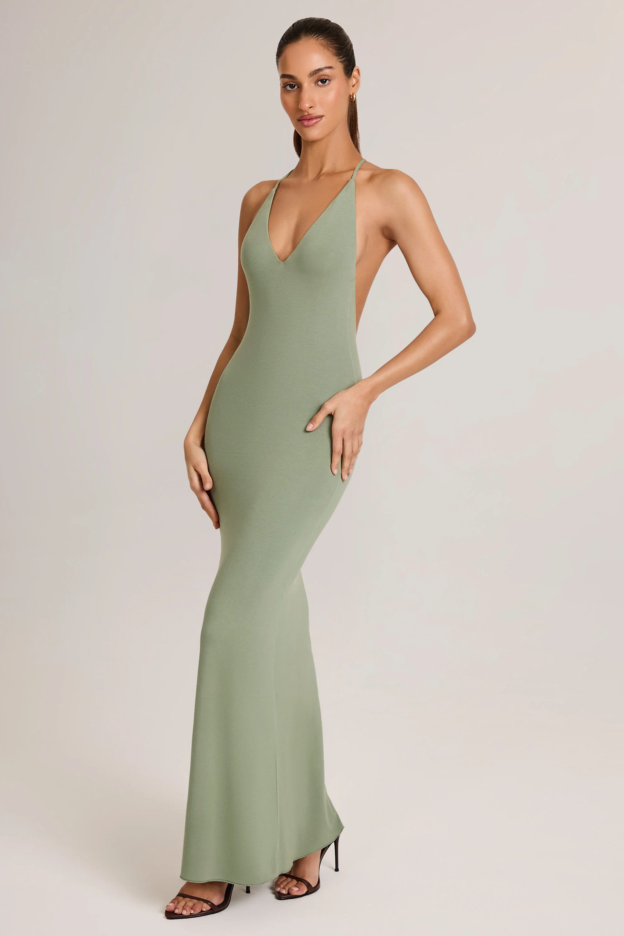 Modal Plunge Backless Maxi Dress in Sage Green - TREBLEV