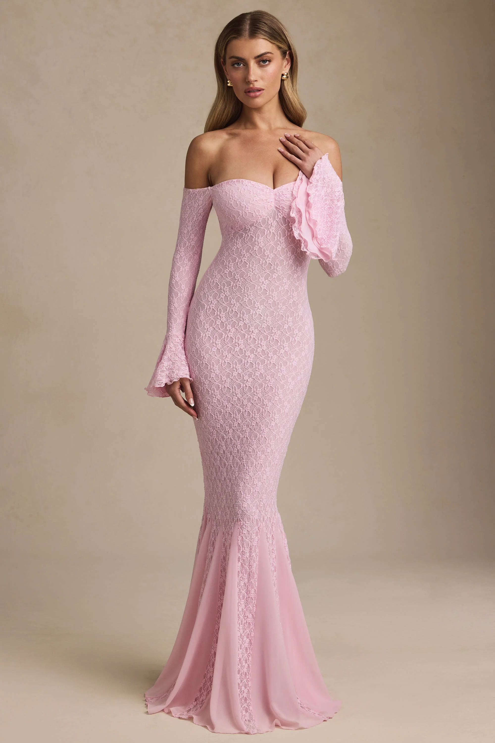 Off-Shoulder Ruffle Lace Maxi Dress in Soft Pink - TREBLEV