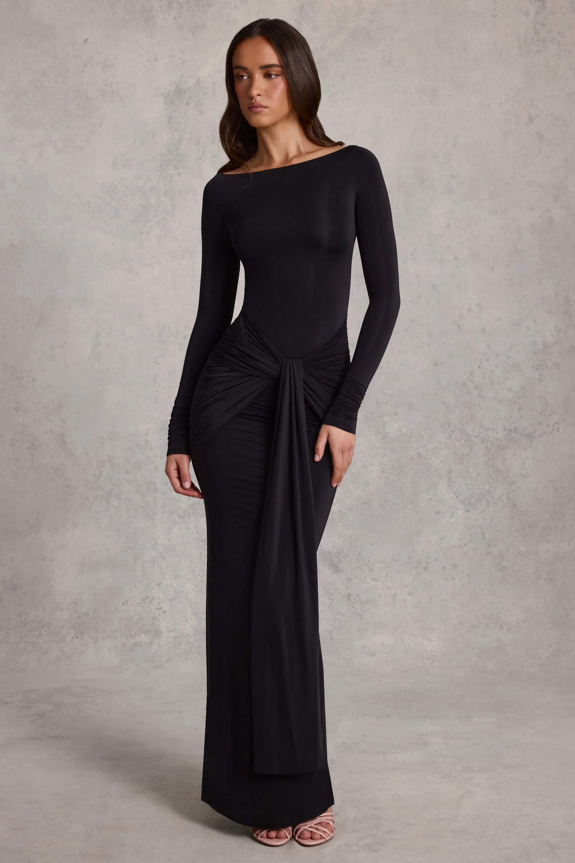 Draped Ruched Maxi Dress in Black - TREBLEV