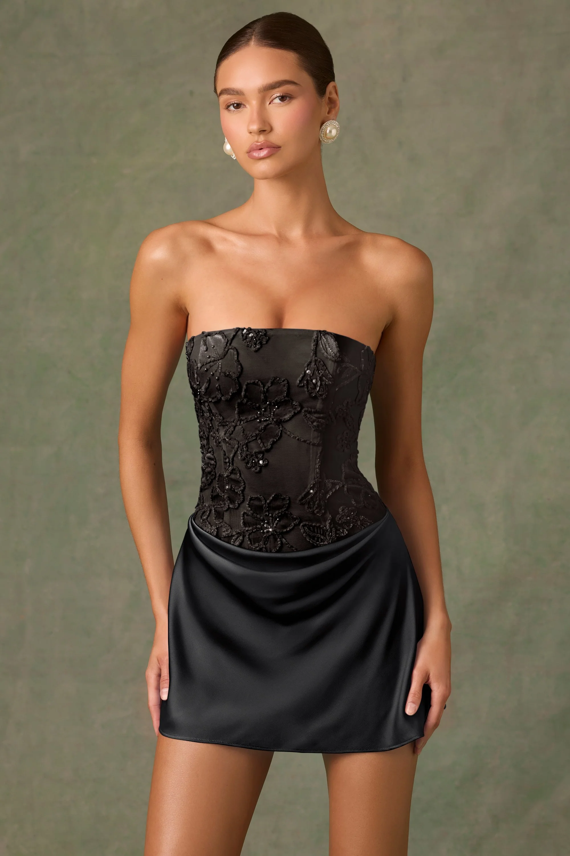 Embellished Draped Strapless A-Line Mini Dress in Black - TREBLEV
