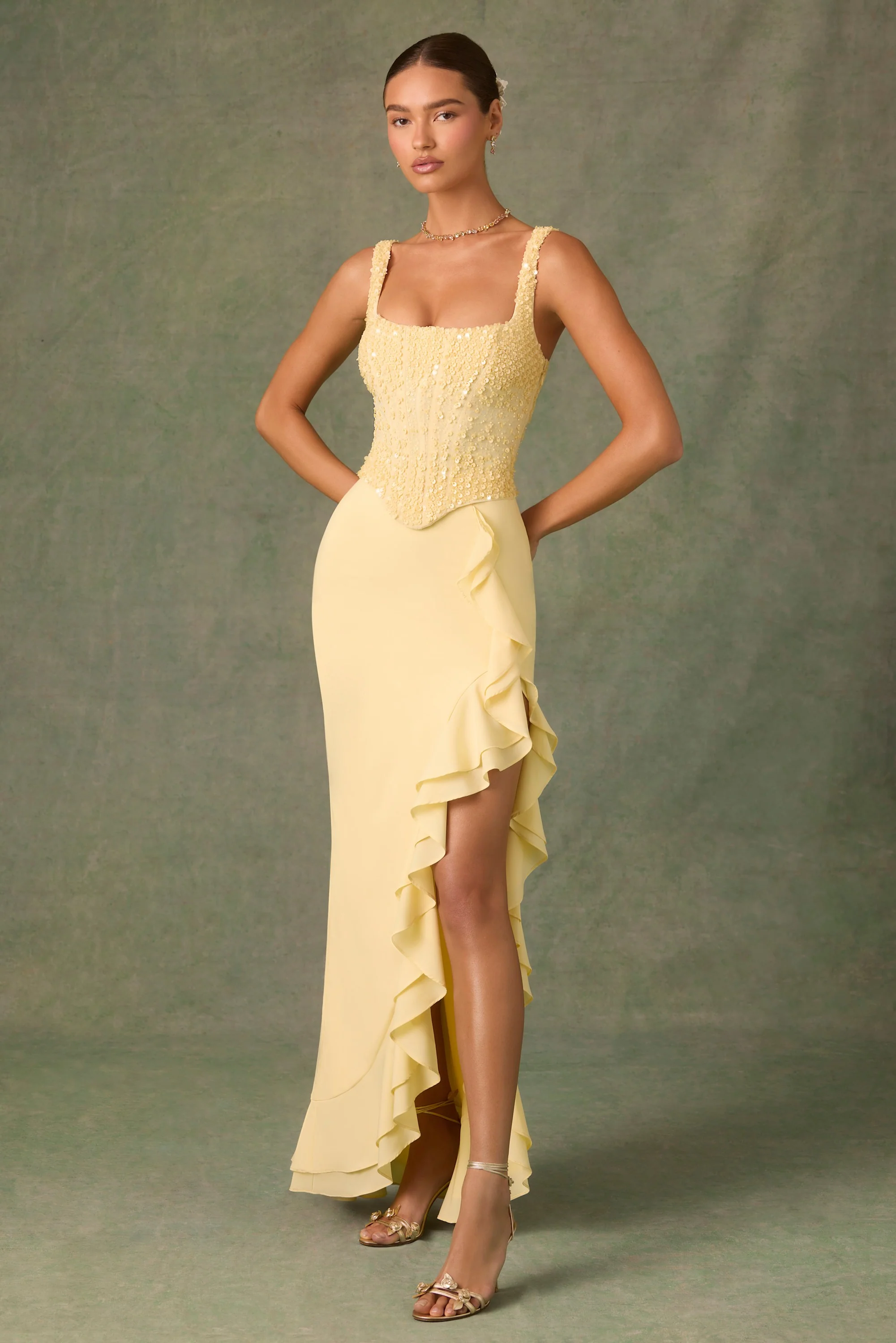 Embellished Ruffle-Trim Corset Gown in Yellow - TREBLEV