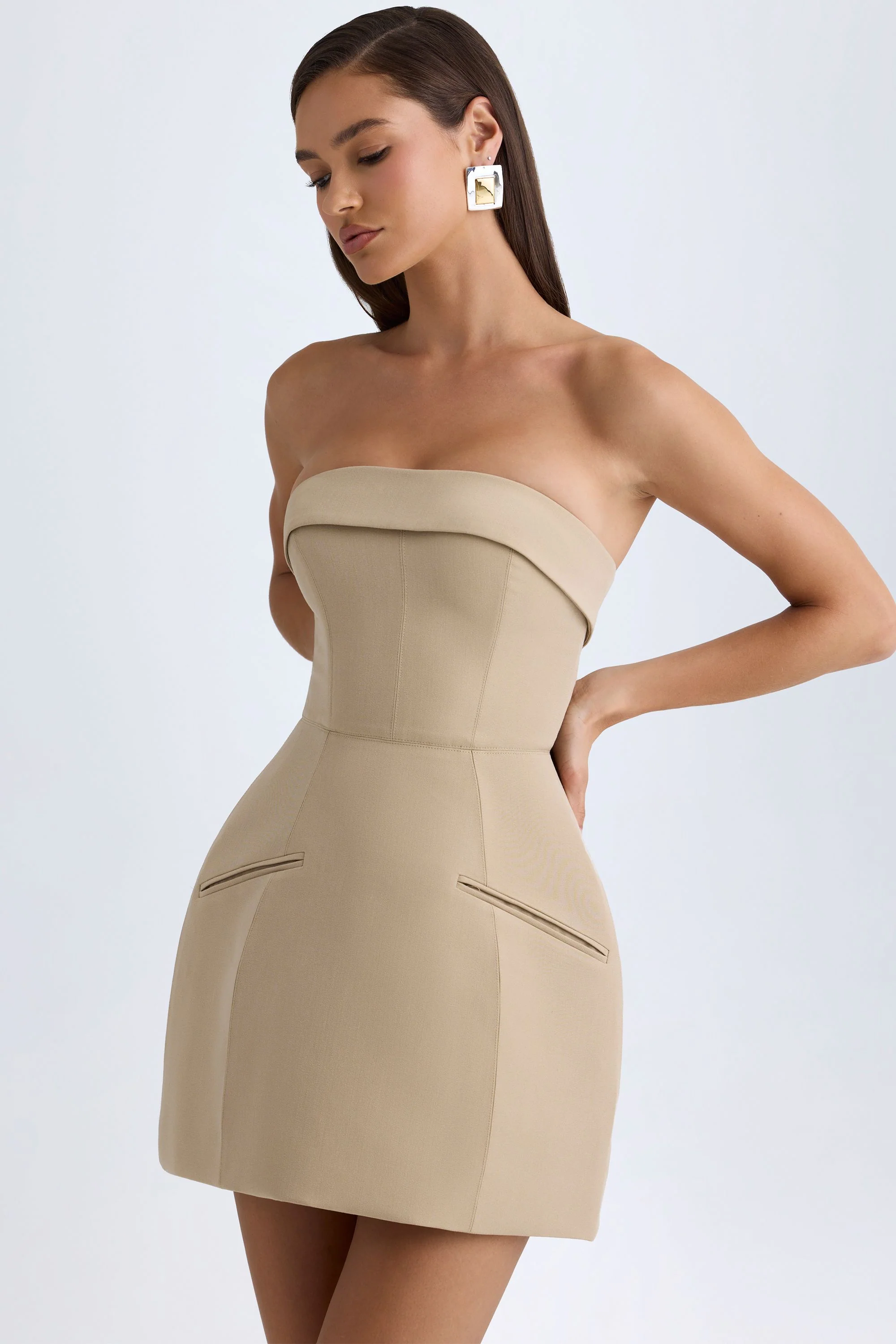 Foldover-Neck Structured Tulip Mini Dress in Camel - TREBLEV