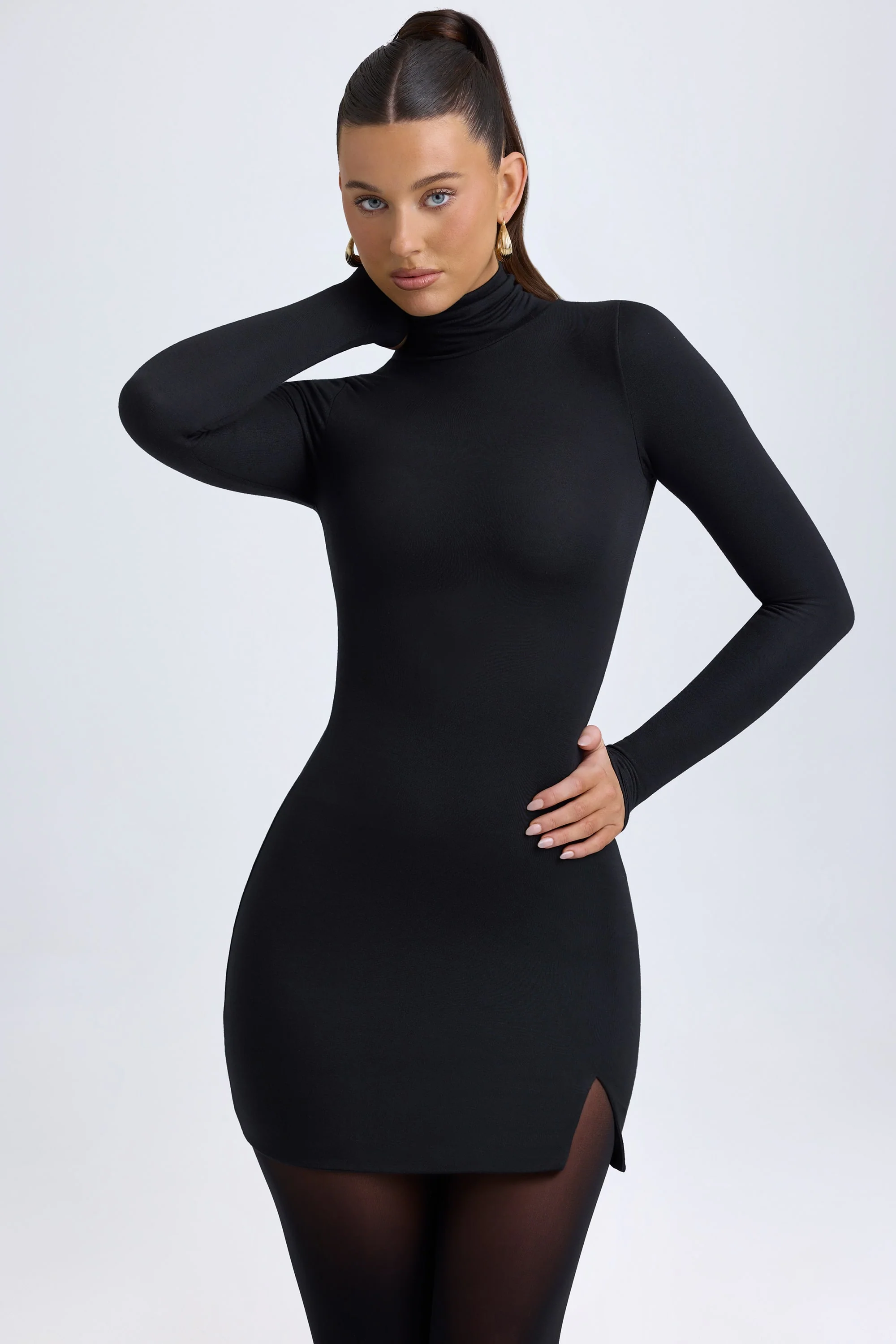 Modal Turtleneck Mini Dress in Black - TREBLEV