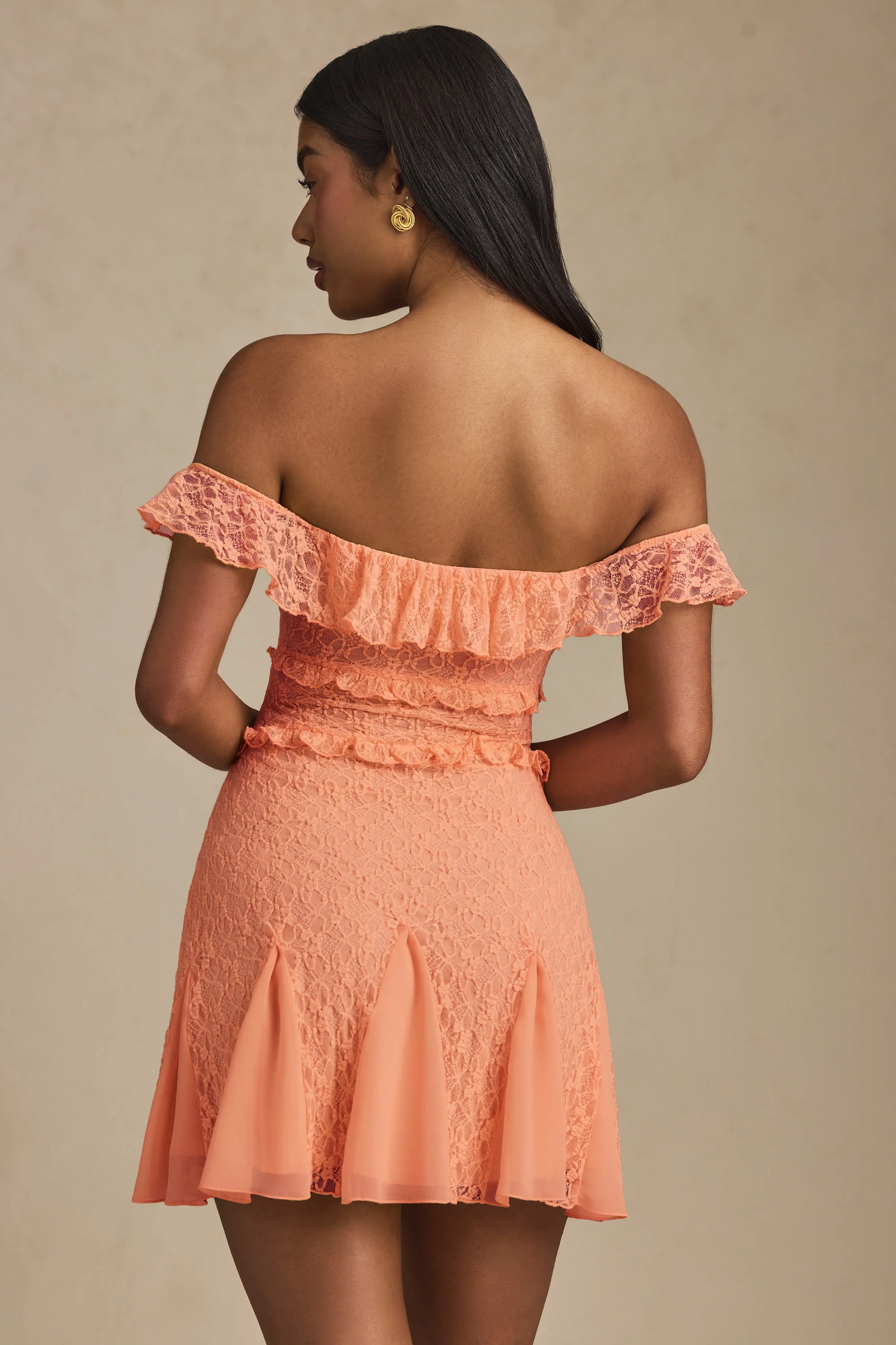 Off-Shoulder Lace A-Line Mini Dress in Peach - TREBLEV