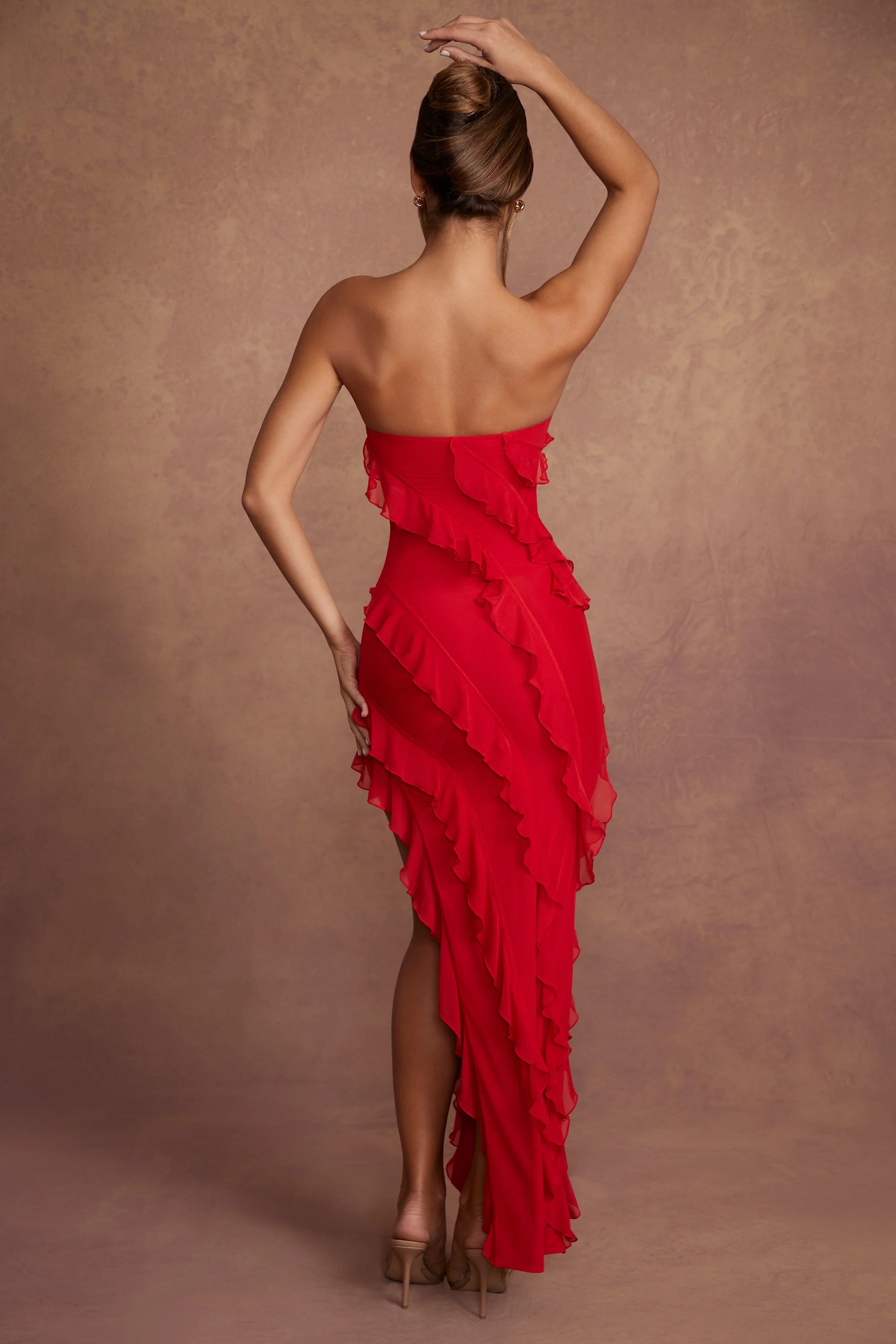 Bandeau Ruffle Detail Maxi Dress in Red - TREBLEV