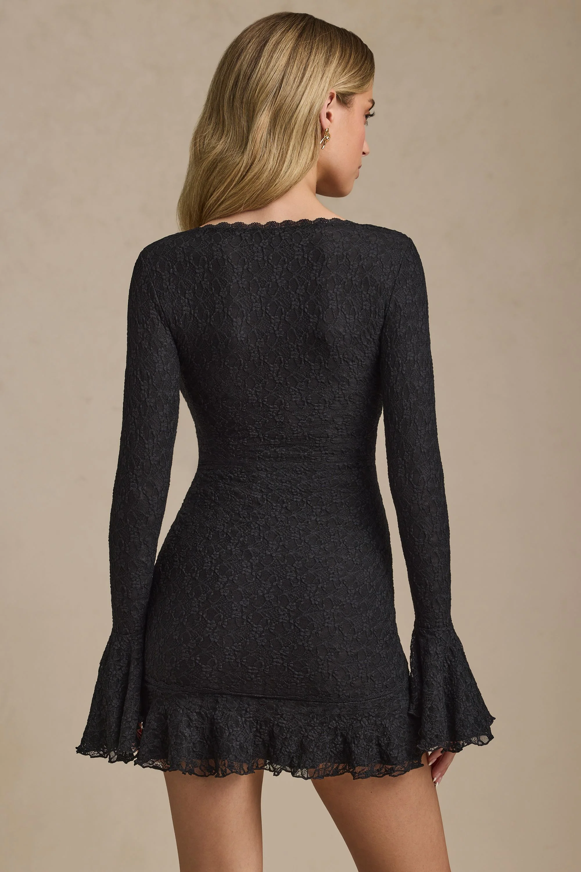 Long-Sleeve Ruffled Lace Mini Dress in Black - TREBLEV