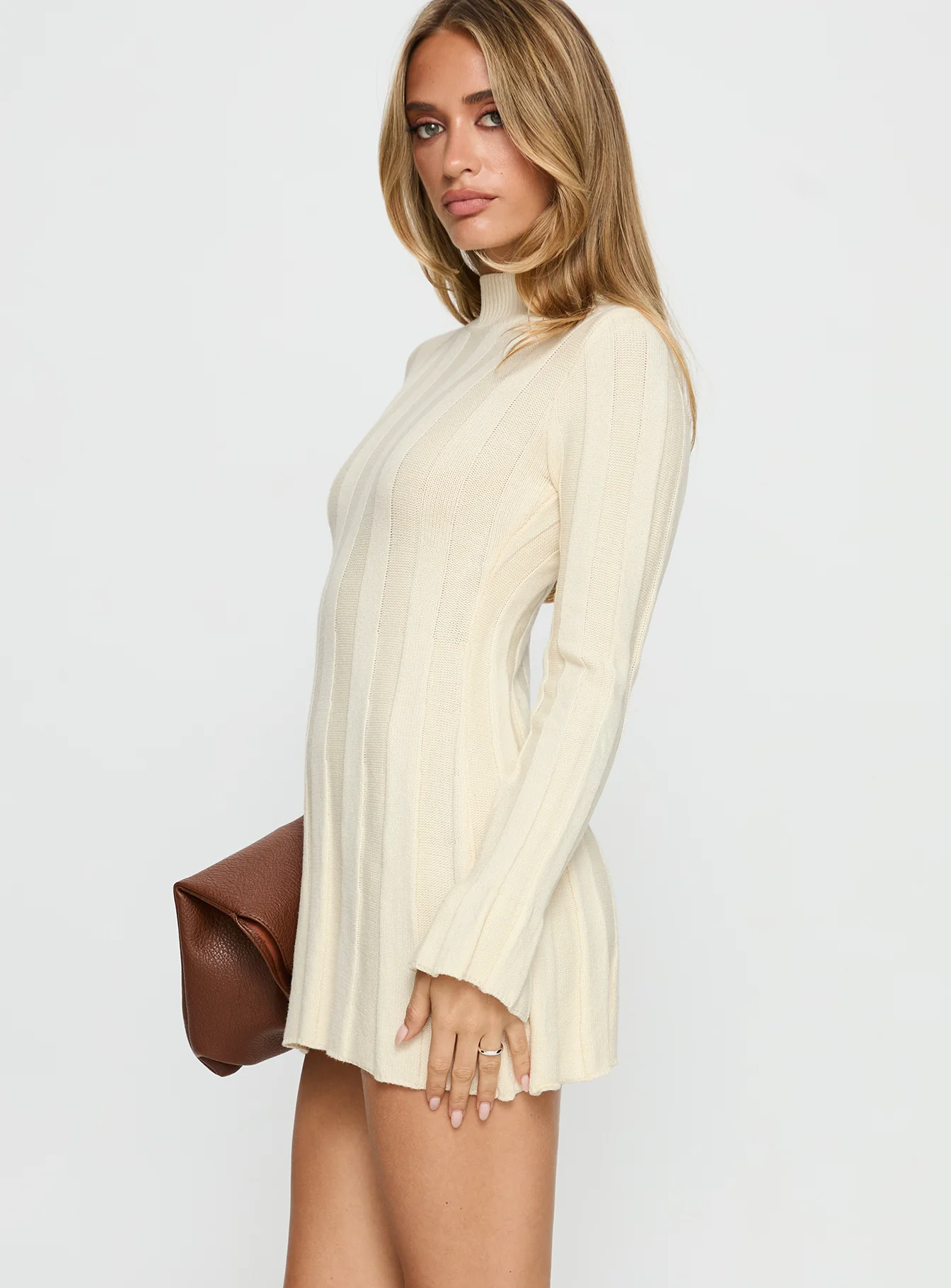 Carlee Rib Long Sleeve Mini Dress Cream - TREBLEV