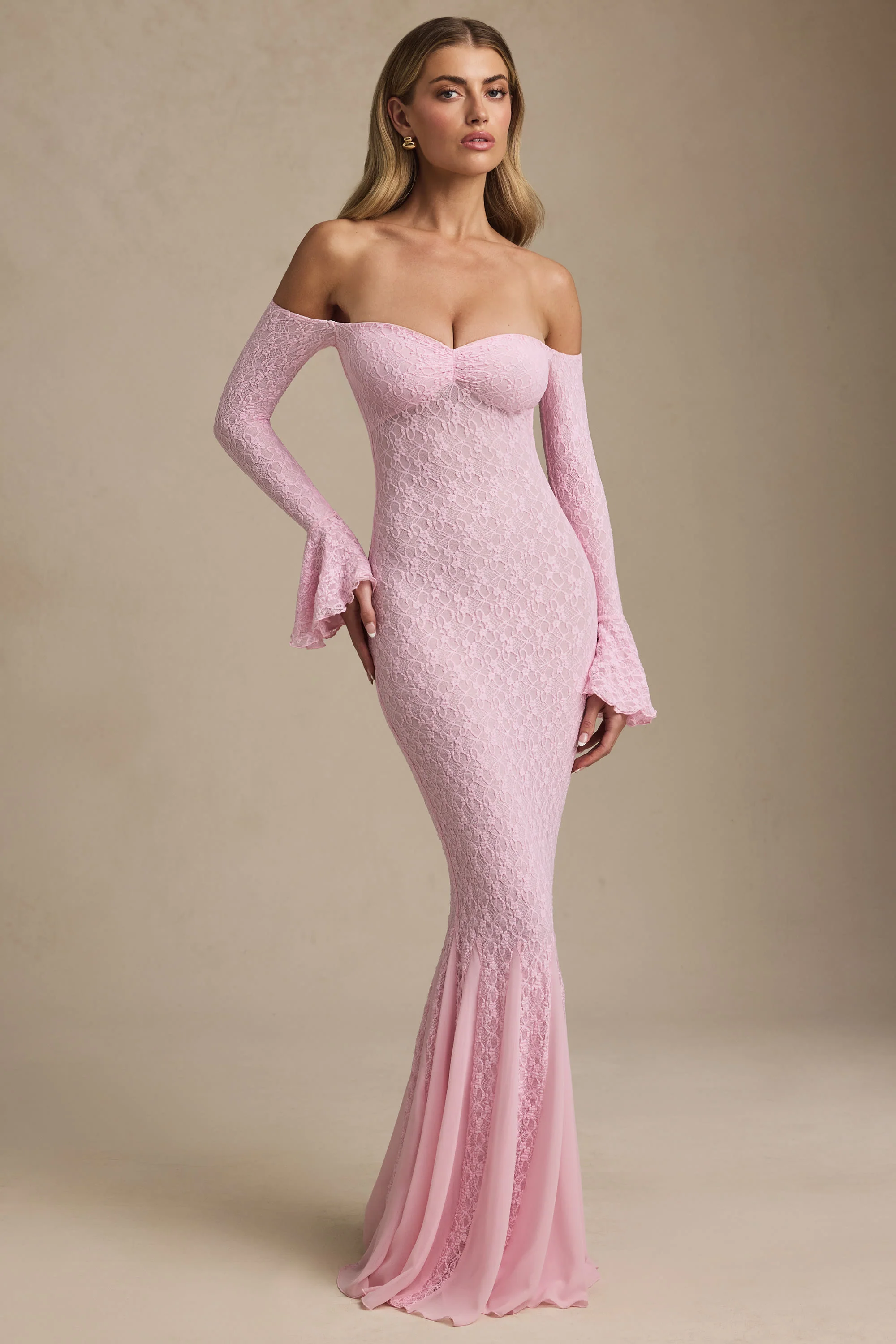 Off-Shoulder Ruffle Lace Maxi Dress in Soft Pink - TREBLEV
