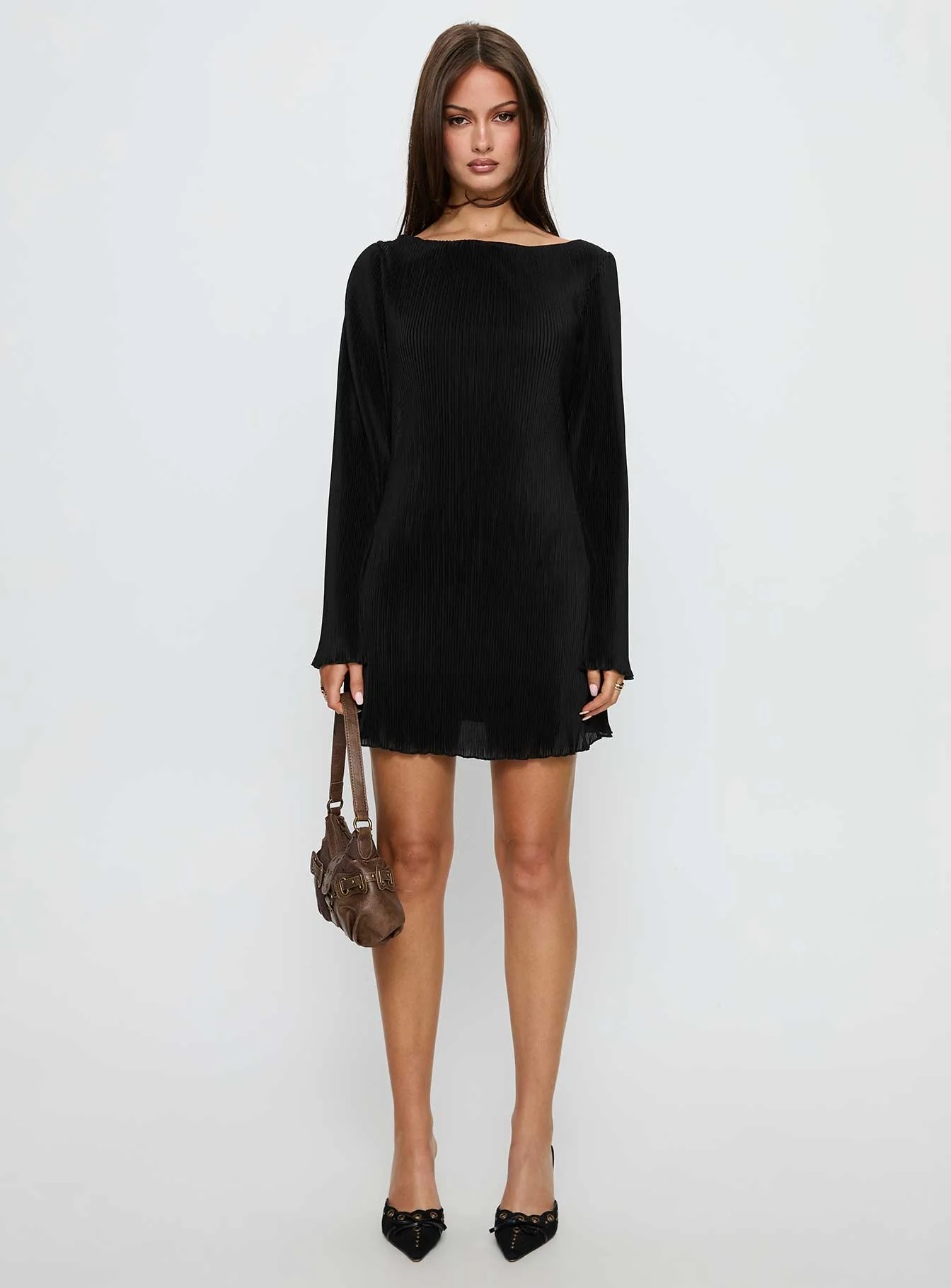 Lukea Long Sleeve Plisse Mini Dress Black - TREBLEV