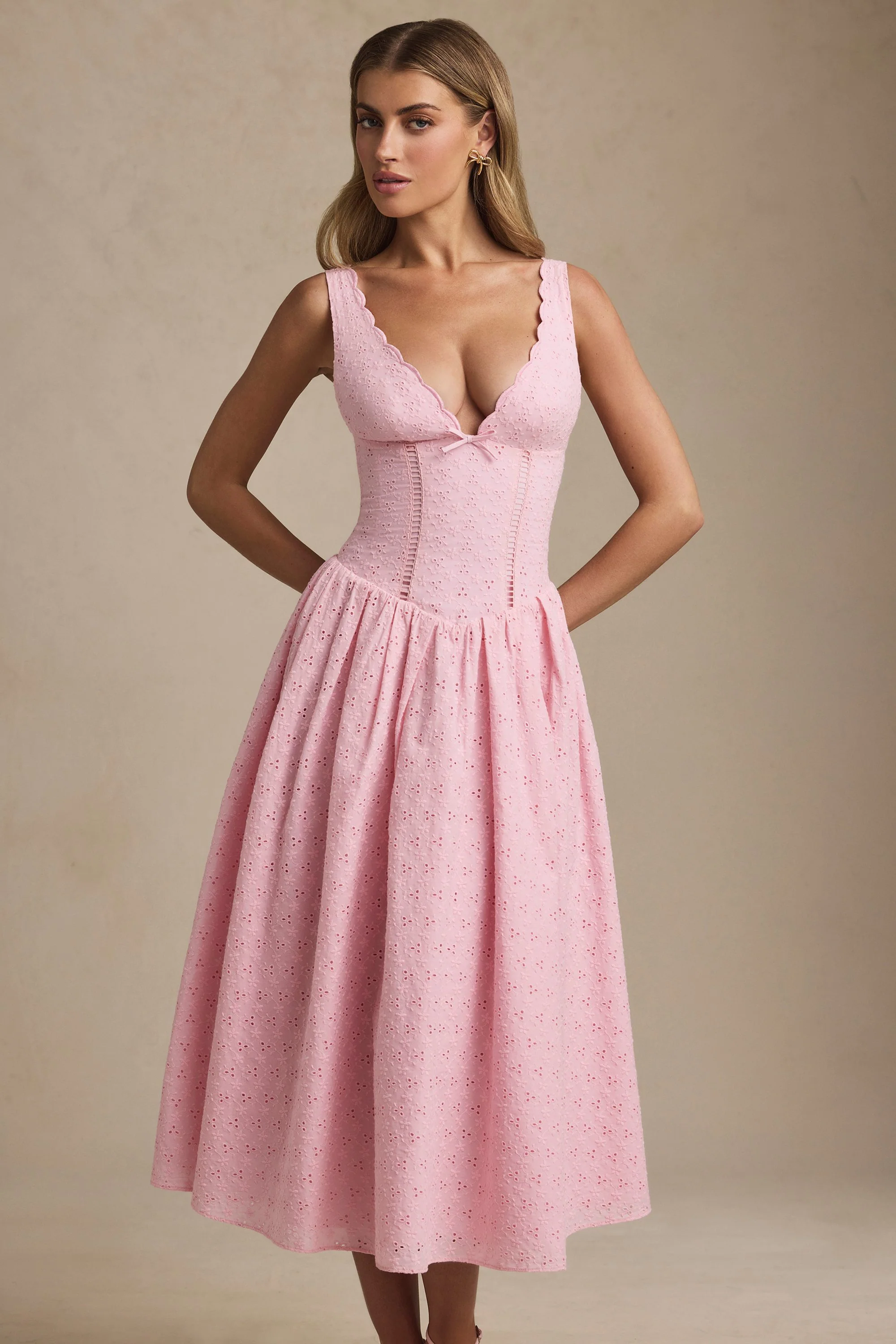 Broderie Anglaise Bow-Detail A-Line Midaxi Dress in Soft Pink - TREBLEV
