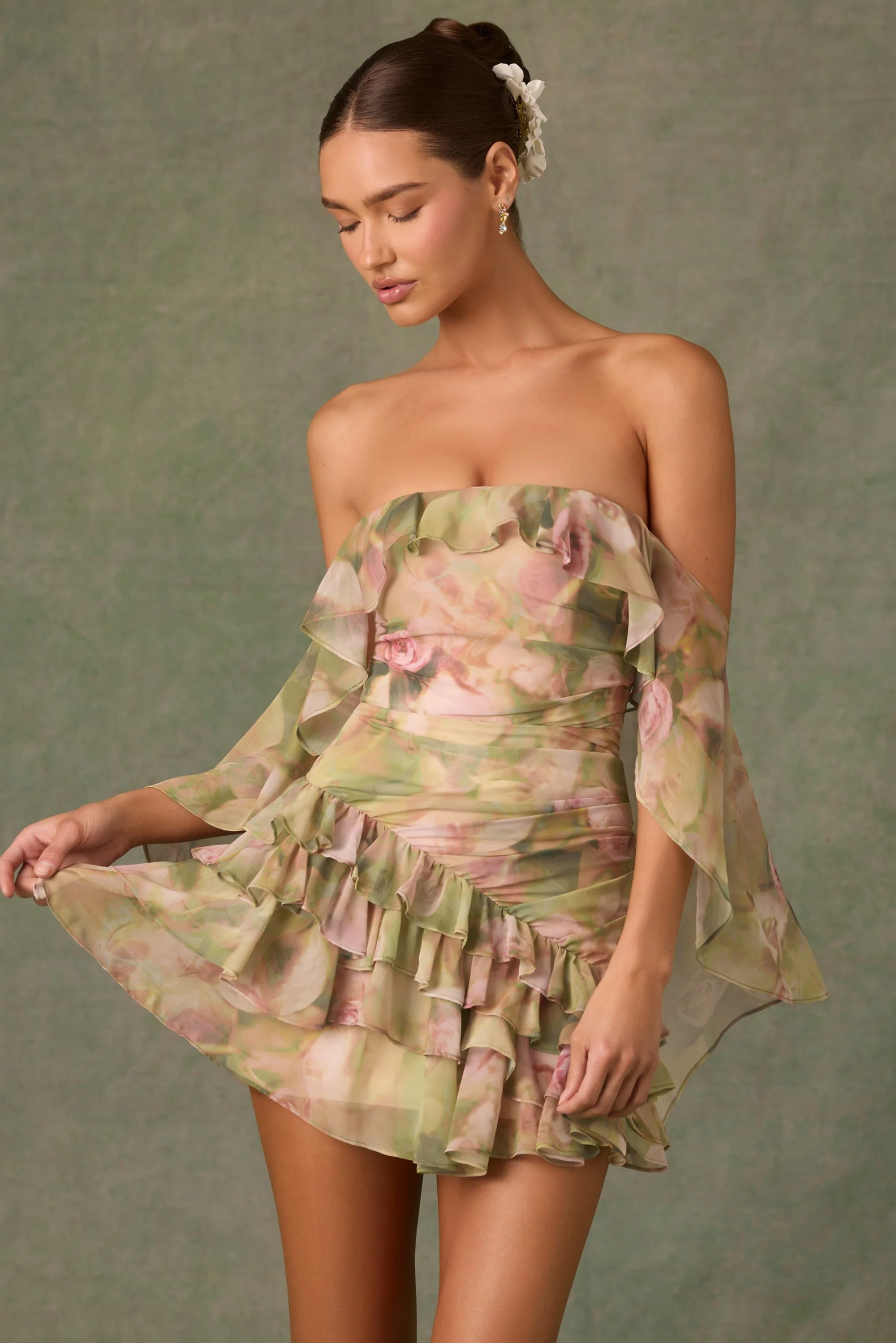 Off-Shoulder Ruffled Mini Dress in Floral Multi Print - TREBLEV