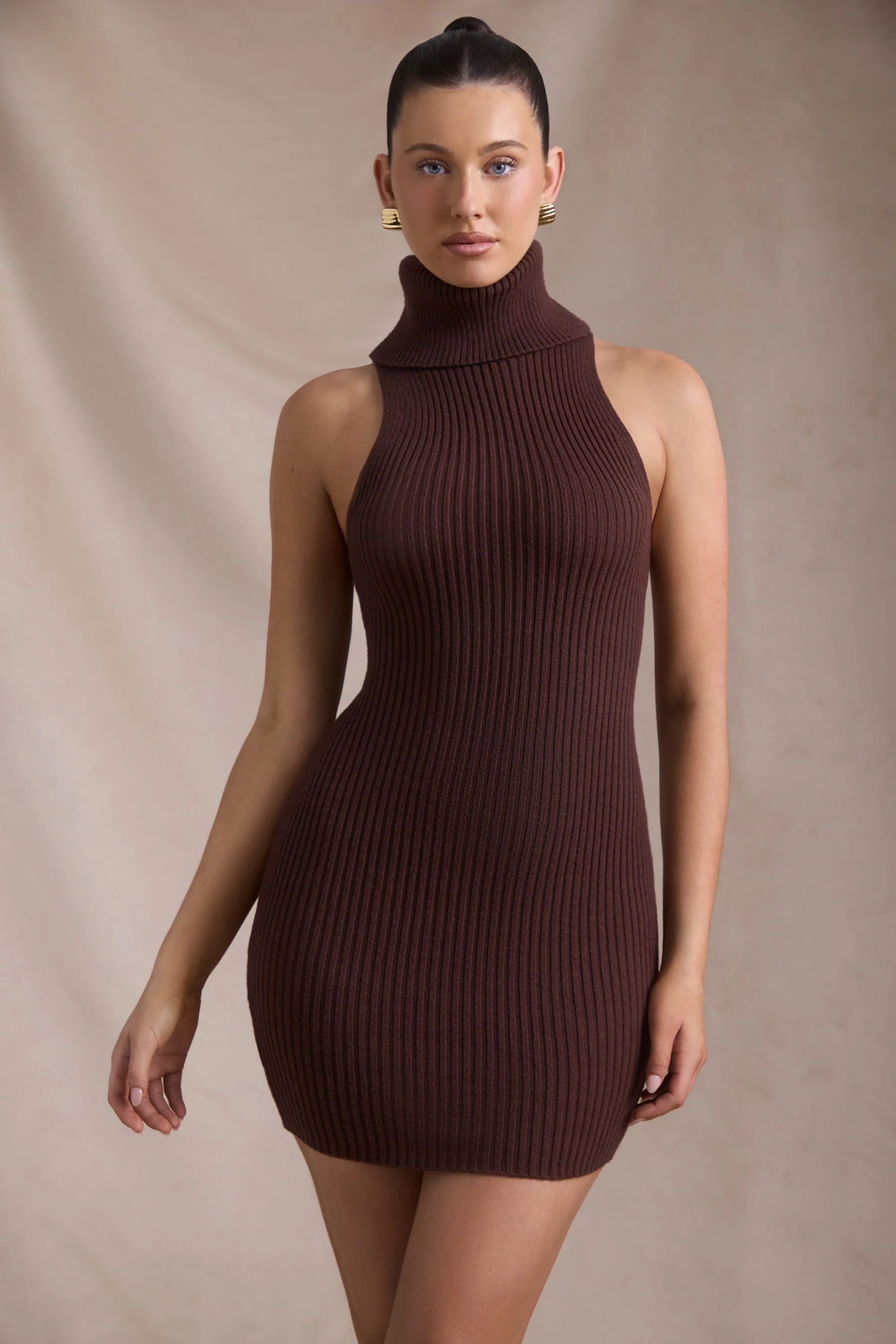 Ribbed-Knit Turtleneck Mini Dress in Espresso - TREBLEV