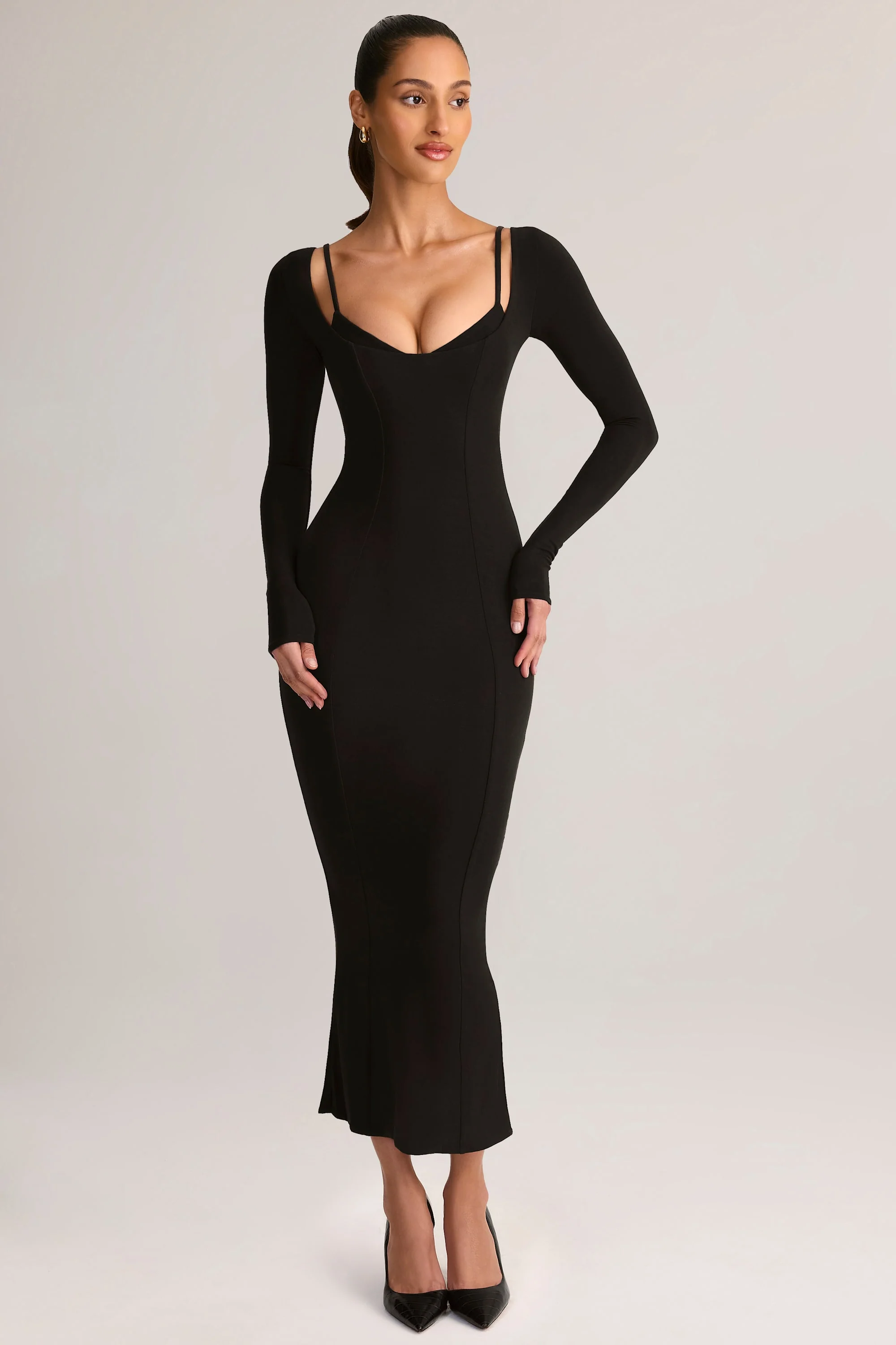 Modal Peekaboo Long-Sleeve Midi Dress in Black - TREBLEV